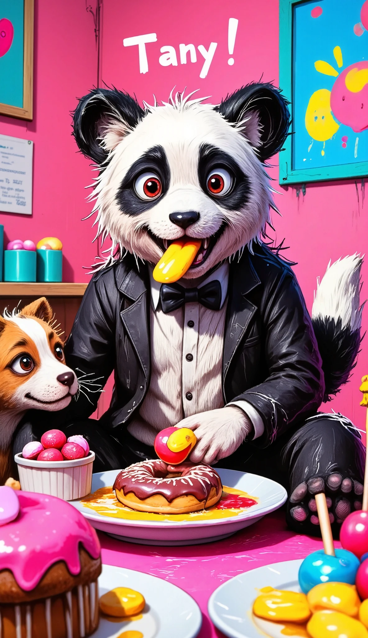 plano general, centered,  Full body , (( A panda in costume eating donuts ( Black and White Suit):1.4)), Sentado y comiendo Sweets:1.3,  dynamic pose , (perro pidiendo Sweets:1.3),  , 8K,  High Definition, adorable,  HIGH QUALITY, photorealistic , colorful, vibrant,  soft lighting ,  plush panda costume ,  disheveled hair ,  round cheeks ,  big eyes,  detailed facial features ,  cheerful expression, playful, Capricious,   intricate details  , Lollipops, Sweet,  textured skin ,  fluffy panda ears , paws,  dog wagging its tail , Anticipation, beautiful, comforting, endearing 