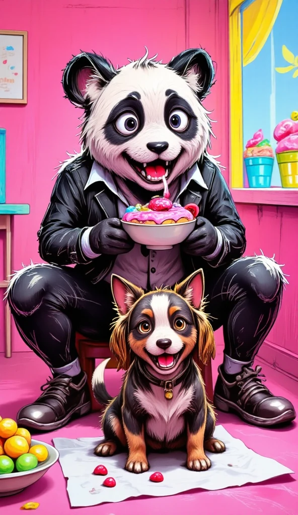 plano general, centered,  Full body , (( A panda in costume eating donuts ( Black and White Suit):1.4)), Sentado y comiendo Sweets:1.3,  dynamic pose , (perro pidiendo Sweets:1.3),  , 8K,  High Definition, adorable,  HIGH QUALITY, photorealistic , colorful, vibrant,  soft lighting ,  plush panda costume ,  disheveled hair ,  round cheeks ,  big eyes,  detailed facial features ,  cheerful expression, playful, Capricious,   intricate details  , Lollipops, Sweet,  textured skin ,  fluffy panda ears , paws,  dog wagging its tail , Anticipation, beautiful, comforting, endearing 