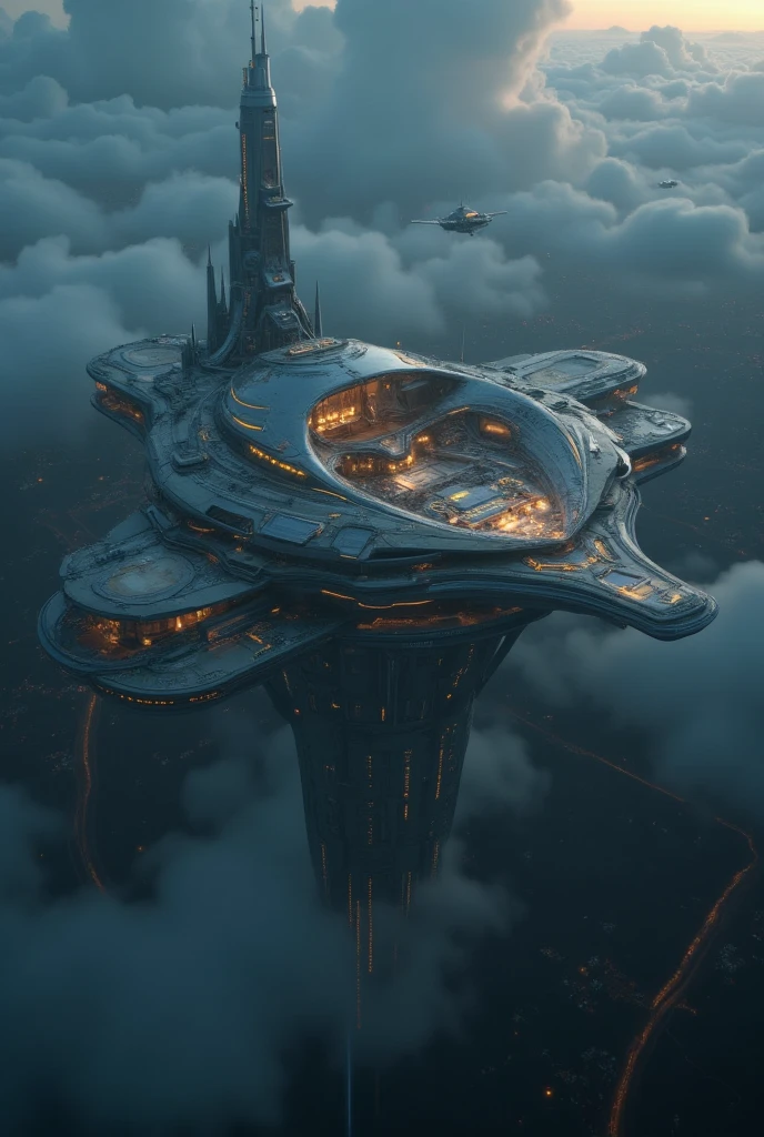  A colossal alien mothership , in the shape of a disc ,  with a futuristic design and shiny details in metallic tones , floating in space hovering over planet Earth.  The ship is much larger than planet , displaying towers ,  domes and complex structures ,  illuminated by soft lights against the starry background of the universe. 