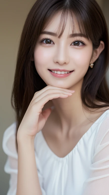 (Super beautiful woman)、((highest quality、8K masterpiece:1.3))、sharp focus:1.2、(super beautiful face:1.0)、(shiny skin:1.0)、realistic pictures、black hair、video lighting、High resolution eyes and face、video lighting、japanese actress、from the front、with a happy smile、whole body、Brush your hair up with your fingers.