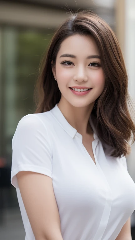 ((Best quality, 8k, Masterpiece: 1.3)), 1 girl, smiling, full body, slim face, pretty woman, Medium dark brown hair, white crisp shirt on the upper body, black straight suit pants on the upper body, High heels, super detailed face, detailed eyes, double eyelids, blurred background, slim face, skyscrapers, waist shot,