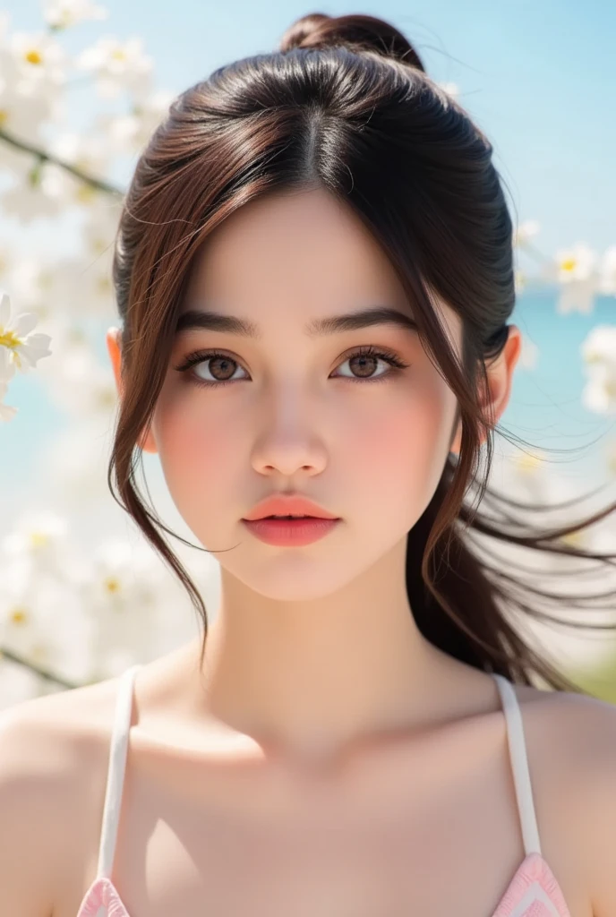 Mustepiece, top quality, illustration, ultra-definition, fine details, high resolution, 8K wallpaper, perfect dynamic composition, beautiful detailed eyes, wearing a dress, natural color lips, beach, random cute pose, perfect and beautiful face , cute, sexy face, sunset, feminine face