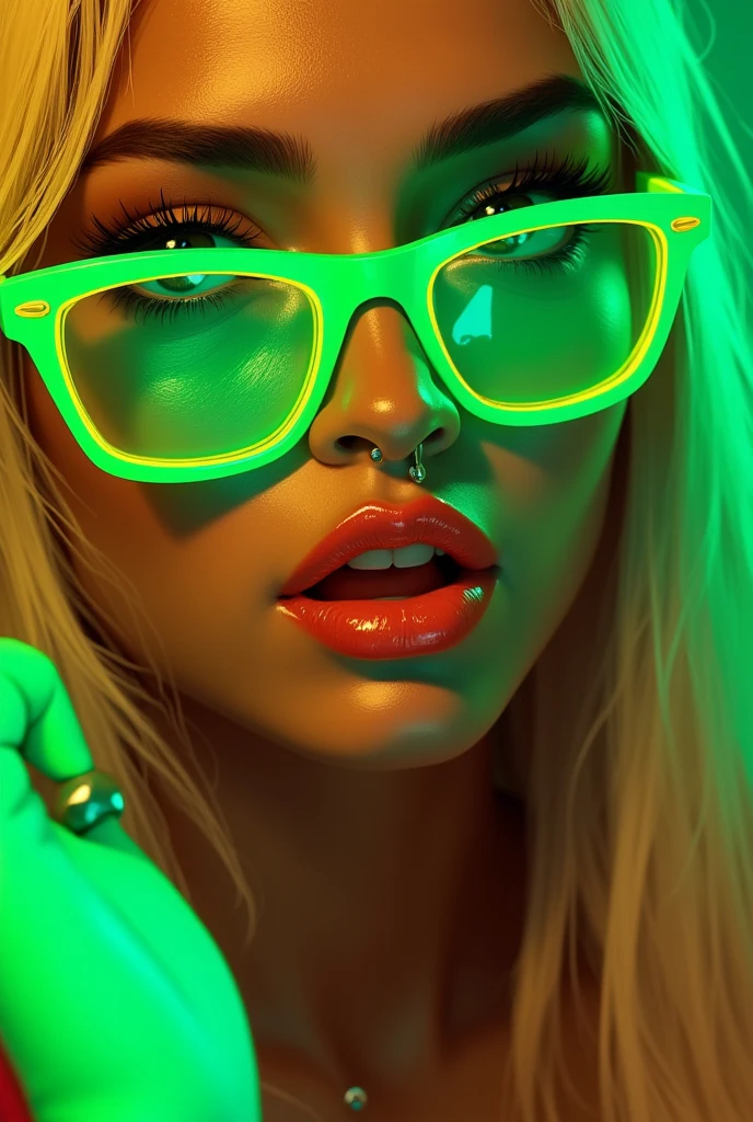 Close-up portrait of a woman (ethnicity:1.2), (age:1.1), with vibrant neon green glasses, (detailed clothing:1.2), (accessories:1.1).  (detailed skin texture:1.2),  (facial features:1.3), (expression:1.2), (body type:1.1), (pose:1.2)  looking slightly downward, vibrant bright neon green and yellow lighting,  (lipstick:1.2), (shiny lipstick:1.2), thick eyelashes, nose ring,  focused on facial features, close perspective,  (hair details:1.2) (long blonde hair:1.1),  posing close cropped to frame,  photorealistic, digital art,  bright neon lighting,  glowing effect, dramatic lighting, intense color palette,  sharp focus.