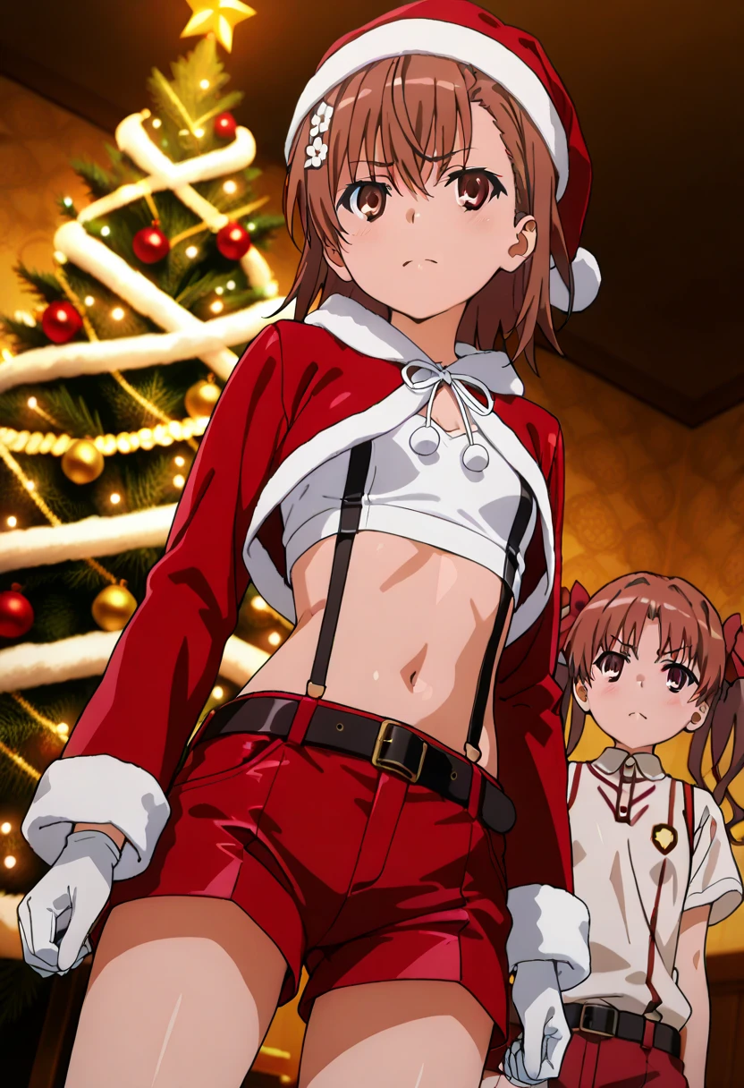 A highly detailed and high resolution image of 2girls decorating a Christmas tree:  (1) "Mikoto Misaka" [from A Certain Scientific Railgun]; A brown haired cute, pretty young girl; cute, dressed in a Santa Clause outfit with a red coat, red cropped top, a black belt, red hot pants (shorts), white suspenders, white gloves, red Santa Hat; Misaka has a cheerful expression as Misaka is using her special electrical powers to light up the tree; (2) "Shirai Kuroko" from A Certain Scientific Railgun], A brown haired cute, pretty young girl; cute, dressed in a Santa Clause outfit with a red coat, red cropped top, a black belt, red hot pants (shorts), white suspenders, white gloves, red Santa Hat; Kuroko has teleported in mid-air and is putting the star on top of the tree; a beautiful elaborately decorated Christmas tree; BREAK: quality\(8k,wallpaper of extremely detailed CG unit, high resolution, top-quality, top-quality real texture skin, hyper realistic, increase the resolution, RAW photos, best quality, highly detailed, the wallpaper, golden ratio, high saturation realism, vibrant colors, dramatic lighting, persuasive storytelling, atmospheric scenery, captivating visuals, intricate details, strong emotions, dreamlike world\),(dynamic angle:1.4)
