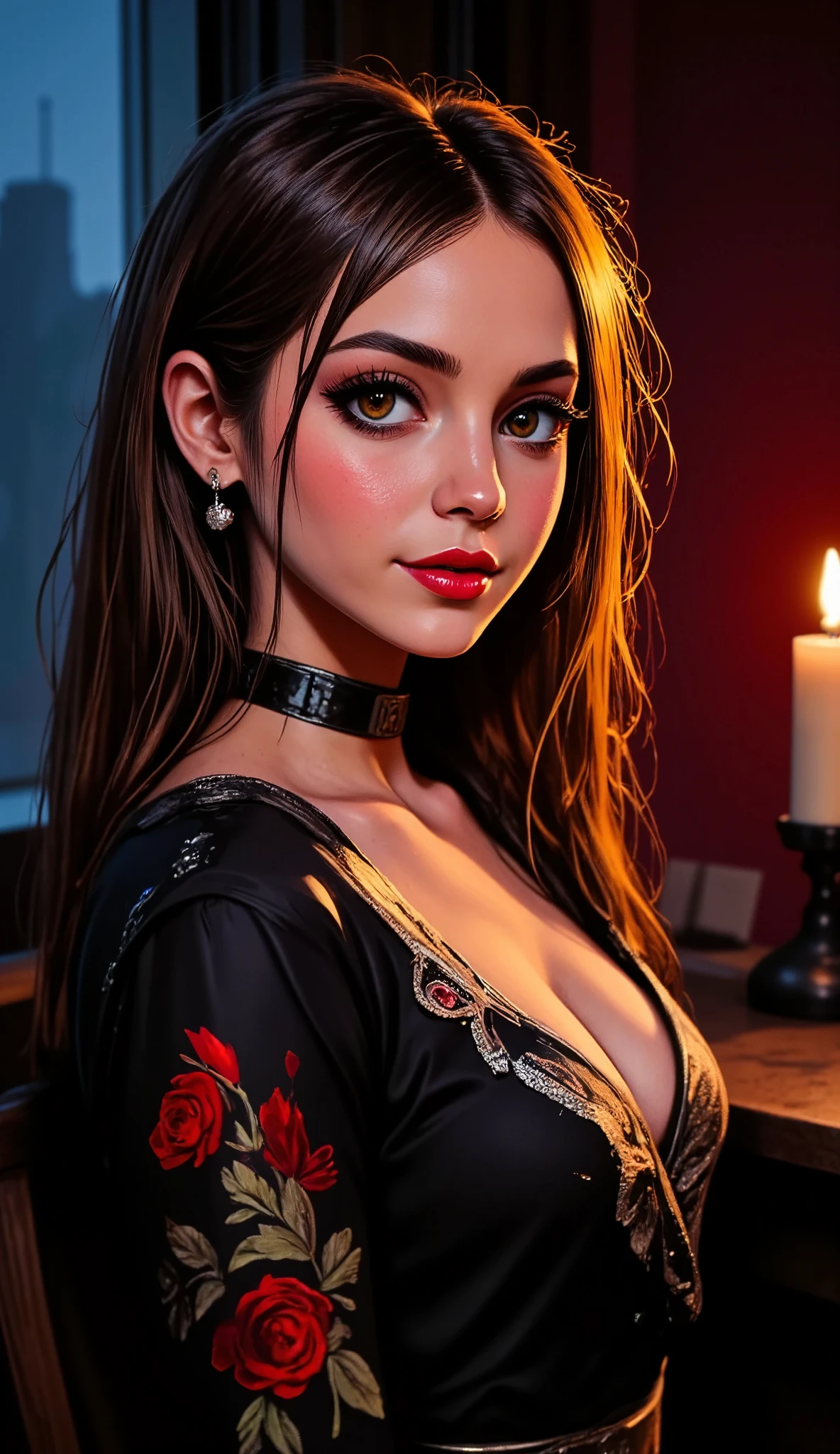 intricate detailed portrait of a woman, beautiful detailed eyes, beautiful detailed lips, extremely detailed face, long eyelashes, elegant hairstyle, dramatic lighting, cinematic composition, dramatic chiaroscuro, dark moody lighting, dramatic shadows, rich color palette, warm muted tones, masterpiece, best quality, 4k, 8k, highres, ultra-detailed, photo-realistic, studio lighting, physically-based rendering, vivid colors