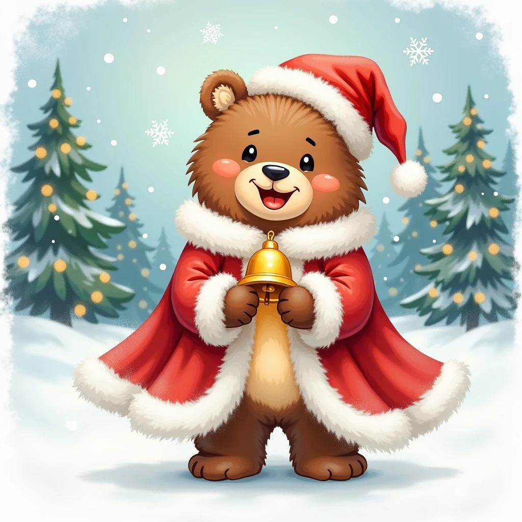 A pastel watercolor-style illustration of a bear humanoid dressed as Santa Claus, wearing a flowing red cloak with white fur trim and holding a golden handbell. The bear has a warm and cheerful expression, exuding holiday spirit. The snowy backdrop features softly falling snowflakes, a frosty landscape, and distant evergreen trees decorated with faint twinkling lights. The bear’s outfit is detailed with soft textures, and the golden bell reflects a gentle glow. The overall scene captures a cozy and festive Christmas atmosphere, with delicate pastel tones enhancing the warmth and charm, (pastel watercolor style, bear humanoid, Santa Claus outfit, red cloak, white fur trim, golden handbell, snowy backdrop, falling snowflakes, frosty landscape, evergreen trees, twinkling lights, warm expression, holiday spirit, cozy atmosphere, festive, gentle glow)