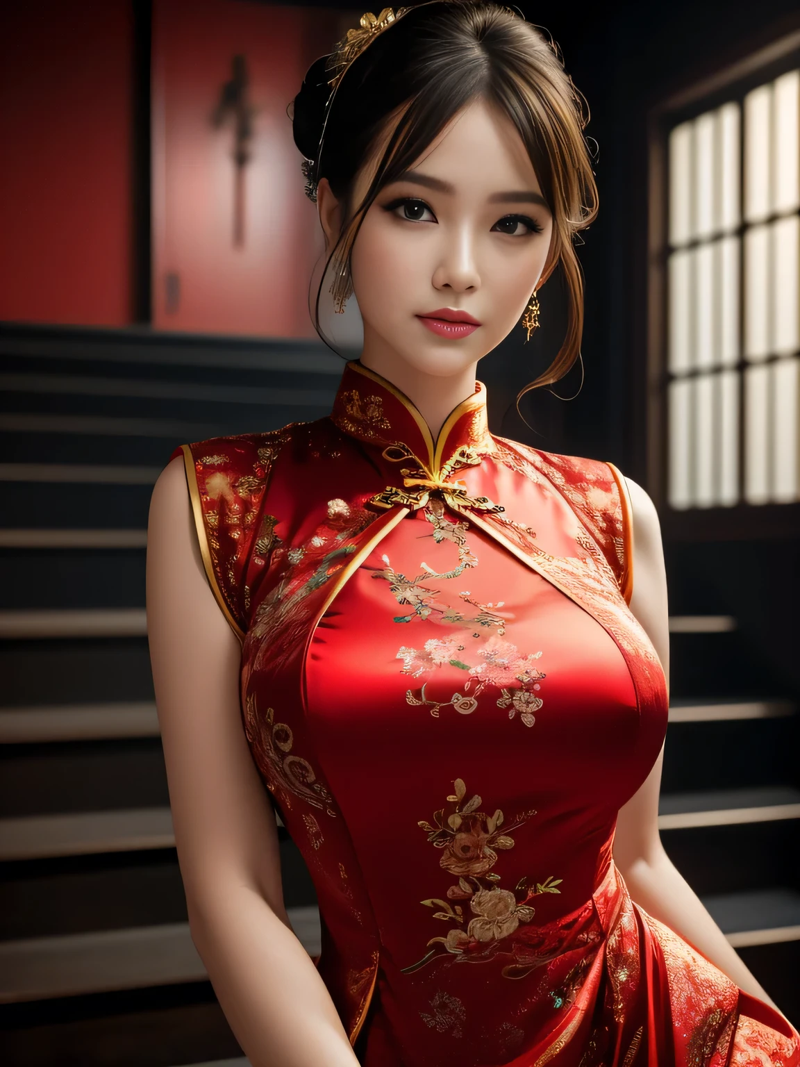8K-quality, UHD, RAW-photo, Realistic, HDR, Subject is in the center of the frame, (Looking at the viewer:1.3), Absolute masterpiece,
Elaborate cheongsam that is depicted in ultra detail, From head to thighs, Indoors, BDSM-room, Stairs, Part of the wall is made of iron Fence,
Highest-quality, Ultra High Definition, Photo realistic, High Dynamic Range,
Huge breasts, Make-up, Lip-make up, Glossy skin, Bangs, Updo for short, Very beautiful woman