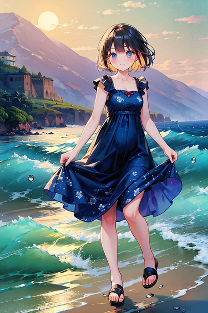 (8k,  super high quality , masterpiece:1.2),  super high res,  one woman,  cute,  small breasts,  blondes, Navy Blue Dress, Red floral pattern, Hawaiian Dress, Sandals, whole body, soaked,  like a ,  best smile , sea, sea水浴, Water Drop, whole bodyにWater Drop,  their chest is soaked in water , Lots of water,  playing in the water, 