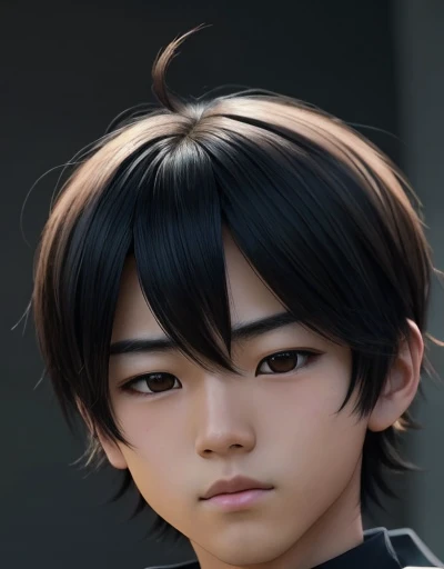 There is a young MAN (    with a normal and typical Japanese face  ) , ugly face, with short hair and white t-shirt , adolescente hiper     realistic     , sujeto hiper     realistic     , Chico anime     realistic     ,     anime style realism     , estilo de arte anime     realistic     , estilo de arte de anime     realistic     , Estilo anime 3D     realistic     ,     Portrait of an anime boy     ,        work of art in the style of Guweiz    , Detallado     Portrait of an anime boy     ,      incredible facial portrait of a dark anime     . model,    of Asian Japanese origin  (average, bajo average), idol face,     I just saw the spectator     , retrato(     realistic     :1.4), (:1.0),     black eyes ,   very small eyes(perfecta, Dark),   small eyes(perfect), eyes (perfect),eyelash(perfecta),shirt, thin eyebrows(perfect),  rectangular face, long face, triangular and oval chin,  small head , mejillas regordetas, Fat girl,dyed hair (negro ), hair perfect con , hair, Makoto himself     (     tsuki ga michibiku isekai douchuu     ), expression(Slight dull smile ),