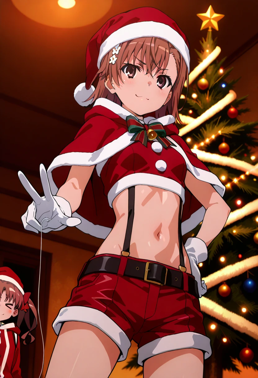 A highly detailed and high resolution image of 2girls decorating a Christmas tree: (1) "Mikoto Misaka" [from A Certain Scientific Railgun]; A brown haired cute, pretty young girl; cute, dressed in a Santa Clause outfit with a red coat, red cropped top, a black belt, red hot pants (shorts), white suspenders, white gloves, red Santa Hat; Misaka has a cheerful expression as Misaka is holding onto an electrical cord using her special electrical powers to light up Christmas lights on the Christmas tree; (2) "Shirai Kuroko" from A Certain Scientific Railgun], A brown haired cute, pretty young girl; cute, dressed in a Santa Clause outfit with a red coat, red cropped top, a black belt, red hot pants (shorts), white suspenders, white gloves, red Santa Hat; Kuroko has teleported in mid-air and is putting the star on top of the tree; a beautiful elaborately decorated Christmas tree; BREAK: quality\(8k,wallpaper of extremely detailed CG unit, high resolution, top-quality, top-quality real texture skin, hyper realistic, increase the resolution, RAW photos, best quality, highly detailed, the wallpaper, golden ratio, high saturation realism, vibrant colors, dramatic lighting, persuasive storytelling, atmospheric scenery, captivating visuals, intricate details, strong emotions, dreamlike world\),(dynamic angle:1.4)