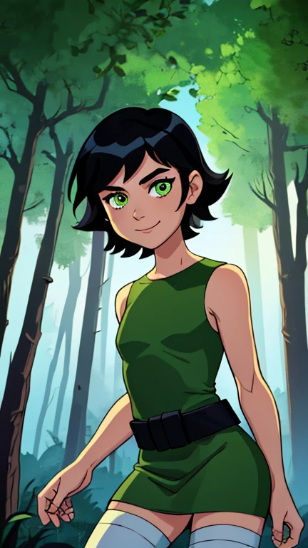 (1girl, Buttercup), (extremely detailed CG unit 8k wallpaper),(master part), (best quality), (ultra detail), (best illustration),(ben10 style), cowboy shot, standing, facing viewer, looking at viewer, perfect face, perfect eyes, perfect fingers, (Sharp eyeliner, ombre, detailed eyes:1), digital art, dark forest, black forest, fog, horror forest, dead trees, dying old grass, break , upper body, solo, smile, (black hair, green eyes, short hair, messy hair), (dress, green sleeveless dress, simple black belt, white thighhighs)