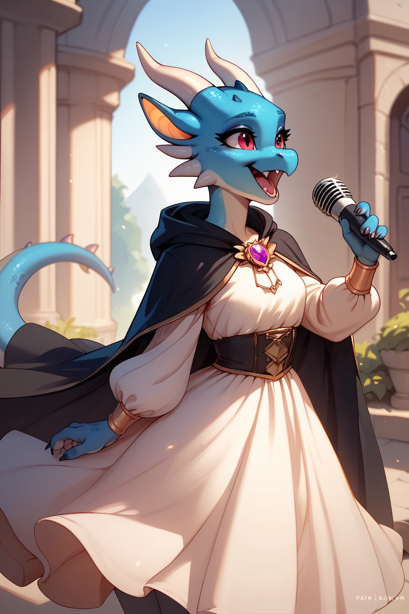 black female kobold, female black dragon, cute, wearing a dress, clean dress, lute, no wings, cloak, playing lute, singing 