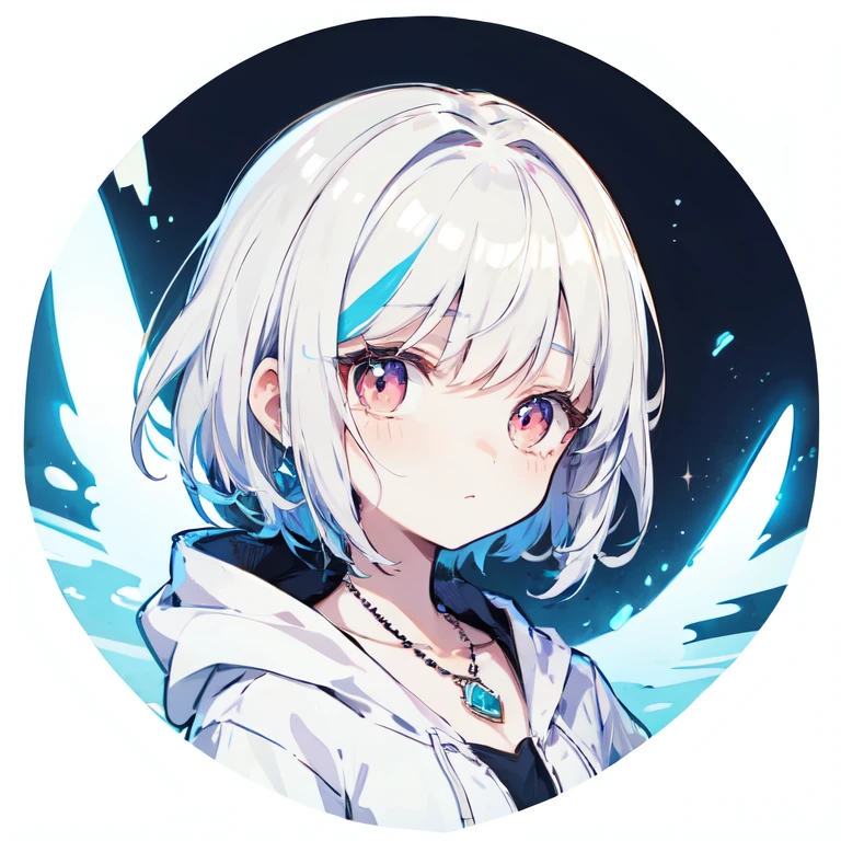  hoodie. She has a beautiful face and is bright  、[Strange Eyes、 I can see a magical light around her 、 Detail view.  bright color.  high res. Magic Wand、White Hair、Two-tone hair color、 JEWEL NECKLACE 、 an illustration of a delicate design、 short hair