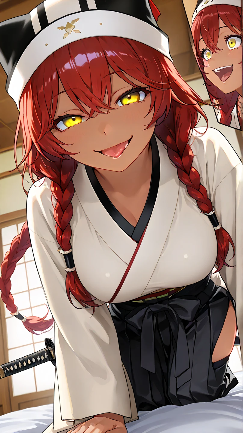 ,  High Quality , 最 High Quality , masterpiece,  high res, detailed face , anatomically correct , 
 yellow eyes,  red hair,  braids,,  wearing a black beast ear hat , One girl , solo, Dark Skin, brown skin, adult woman, Beautiful Women,Beauty,
Inside a Japanese house(Japanese-style room),
samurai, white kimono on top (Kimono with a cloud pattern ),Black hakama underneath ,samuraiの女性,Wear a kimono so you can't see your skin,Katana,Katanaを抱き締めている,Katanaを抱きしめながら寝転んでいる,Katanaを抱き締めながら四つん這い,Katanaの鞘に雪の柄が入っている
, standing on all fours on the bed,Lie on the bed,
 close-up, from your hand and direct your gaze, Medium build,accurate, slightly larger breasts,
smile, ecstatic expression beside the piano,excited, tongue, open your mouth slightly ,mischievous personality , seductive smile ,Her eyes are frowning ,Up to the thighs,Draw her in a larger size,Crazy look, mischievous face , teasing viewers
angle from above,
 staring at me , frowns, staring with thin eyelids,Eyes on garbage, contemptuous eyes ,  smirking,