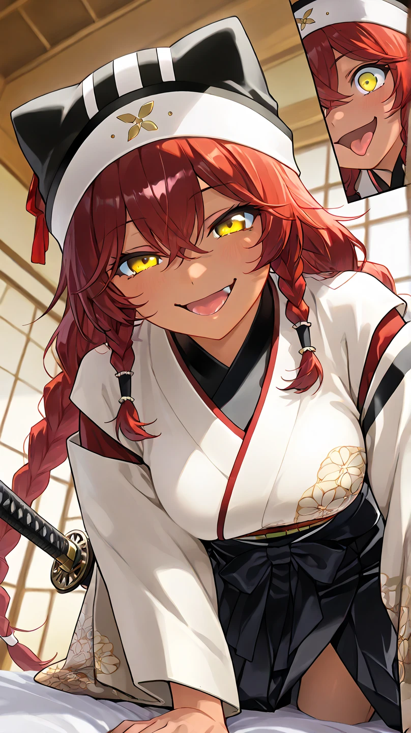 ,  High Quality , 最 High Quality , masterpiece,  high res, detailed face , anatomically correct , 
 yellow eyes,  red hair,  braids,,  wearing a black beast ear hat , One girl , solo, Dark Skin, brown skin, adult woman, Beautiful Women,Beauty,
Inside a Japanese house(Japanese-style room),
samurai, white kimono on top (Kimono with a cloud pattern ),Black hakama underneath ,samuraiの女性,Wear a kimono so you can't see your skin,Katana,Katanaを抱き締めている,Katanaを抱きしめながら寝転んでいる,Katanaを抱き締めながら四つん這い,Katanaの鞘に雪の柄が入っている
, standing on all fours on the bed,Lie on the bed,
 close-up, from your hand and direct your gaze, Medium build,accurate, slightly larger breasts,
smile, ecstatic expression beside the piano,excited, tongue, open your mouth slightly ,mischievous personality , seductive smile ,Her eyes are frowning ,Up to the thighs,Draw her in a larger size,Crazy look, mischievous face , teasing viewers
angle from above,
 staring at me , frowns, staring with thin eyelids,Eyes on garbage, contemptuous eyes ,  smirking,