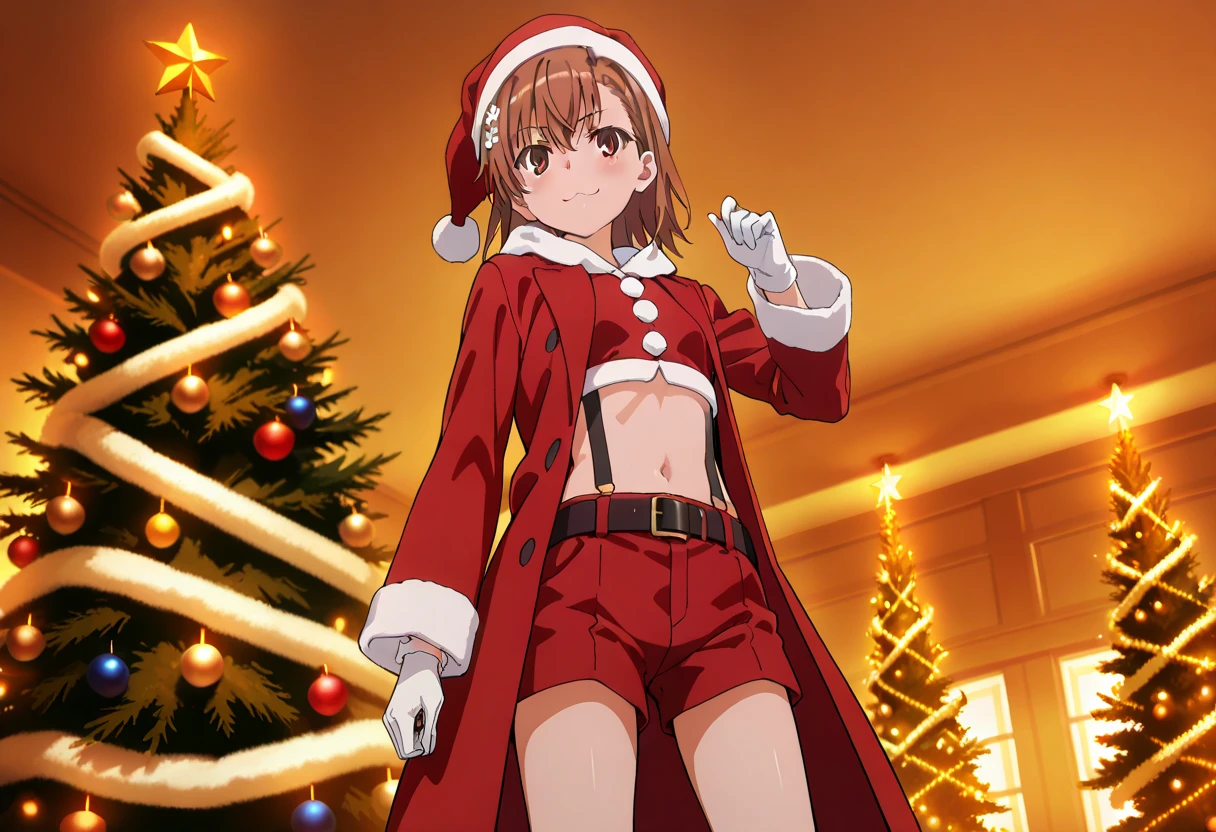 A highly detailed and high resolution image of 2girls decorating a Christmas tree: (1) in the center of the picture is a Christmas tree that is green and trimmed in elegant Christmas colors, (2) "Mikoto Misaka" [from A Certain Scientific Railgun]; A brown haired cute, pretty young girl; cute, dressed in a Santa Clause outfit with a red coat, red cropped top, a black belt, red hot pants (shorts), white suspenders, white gloves, red Santa Hat; Misaka has a cheerful expression as Misaka is holding onto an electrical cord using her special electrical powers to light up Christmas lights on the Christmas tree; (3) "Shirai Kuroko" from A Certain Scientific Railgun], A brown haired cute, pretty young girl; cute, dressed in a Santa Clause outfit with a red coat, red cropped top, a black belt, red hot pants (shorts), white suspenders, white gloves, red Santa Hat; Kuroko has teleported in mid-air and is putting the star on top of the tree; a beautiful elaborately decorated Christmas tree; BREAK: quality\(8k,wallpaper of extremely detailed CG unit, high resolution, top-quality, top-quality real texture skin, hyper realistic, increase the resolution, RAW photos, best quality, highly detailed, the wallpaper, golden ratio, high saturation realism, vibrant colors, dramatic lighting, persuasive storytelling, atmospheric scenery, captivating visuals, intricate details, strong emotions, dreamlike world\),(dynamic angle:1.4)