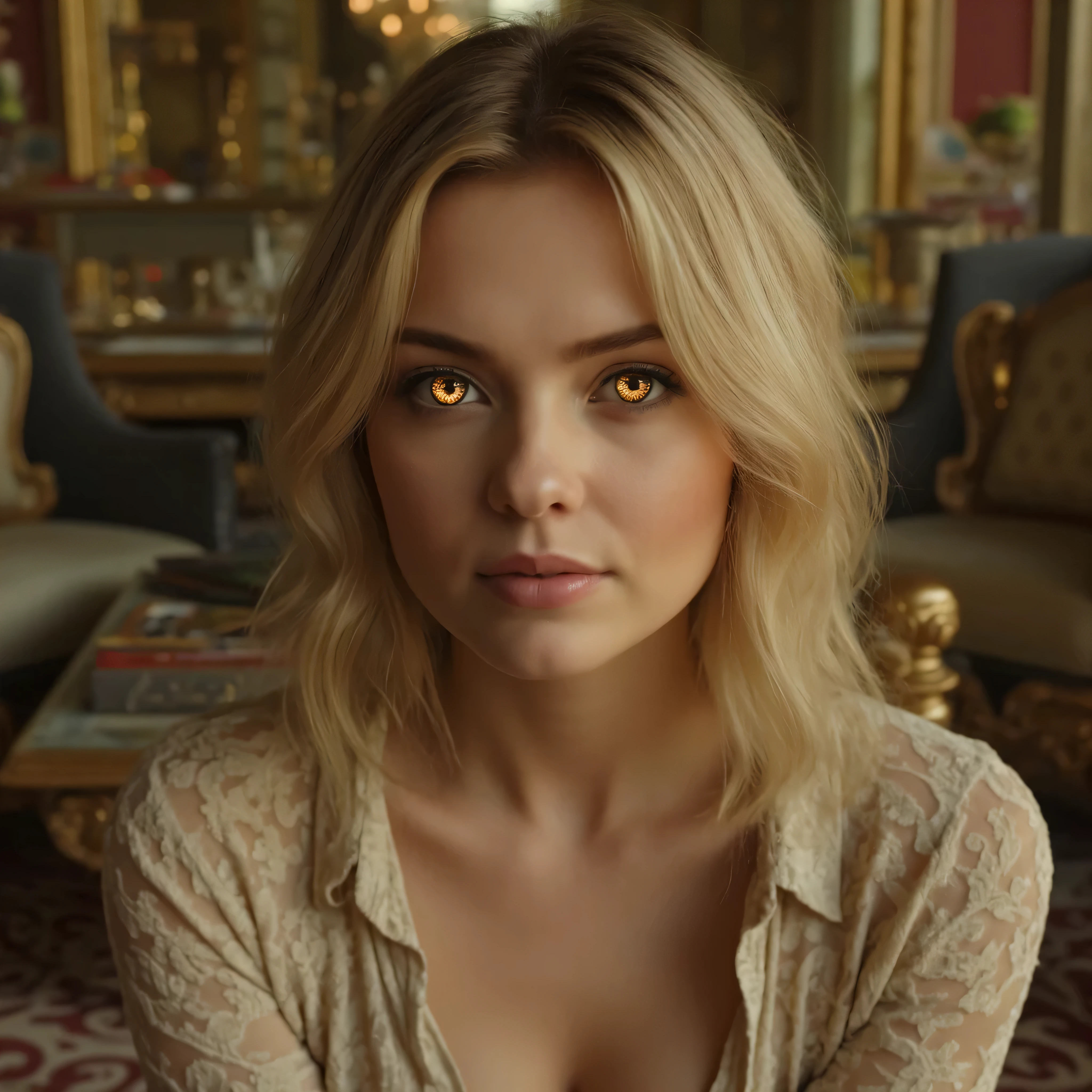 photorealistic Woman with detailed golden metallic robotic eyes with a slight glow to them and is casually dressed in a mansion with shoulder length dirty blonde hair.