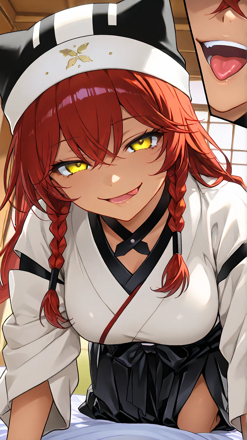 ,  High Quality , 最 High Quality , masterpiece,  high res, detailed face , anatomically correct , 
 yellow eyes,  red hair,  braids,,  wearing a black beast ear hat , One girl , solo, Dark Skin, brown skin, adult woman, Beautiful Women,Beauty,
Inside a Japanese house(Japanese-style room),
samurai, white kimono on top (Kimono with a cloud pattern ),Black hakama underneath ,samuraiの女性,Wear a kimono so you can't see your skin,Katana,Katanaを抱き締めている,Katanaを抱きしめながら寝転んでいる,Katanaを抱き締めながら四つん這い,Katanaの鞘に雪の柄が入っている,Katanaの大きさは彼女に合わせて
, standing on all fours on the bed,Lie on the bed,
 close-up, from your hand and direct your gaze, Medium build,accurate, slightly larger breasts,
smile, ecstatic expression beside the piano,excited, tongue, open your mouth slightly ,mischievous personality , seductive smile ,Her eyes are frowning ,Up to the thighs,Draw her in a larger size,Crazy look, mischievous face , and makes fun of viewers
angle from above,
 staring at me , frowns, staring with thin eyelids,Eyes on garbage, contemptuous eyes ,  smirking,