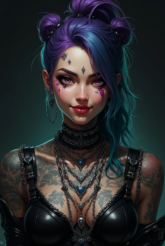 Young woman (ethnicity:1.2), (age:1.1), with elaborate face paint, (detailed clothing:1.2), (accessories:1.1), (piercings:1.2), numerous tattoos covering her neck and chest area, (facial features:1.3). (expression:1.2), (body type:1.1) smiling; wearing dark clothing with layers of multiple metal chains; (detailed skin texture:1.2),  (detailed tattoos:1.3), (hair:1.2)long, styled hair, teal/purple colored highlights, (pose:1.2) posed from the mid-chest up.  Composition is centered, medium close-up portrait view,  facing viewer.  Dark, dramatic lighting, (color palette:1.2), rich black, grey, and light teal tones.  Stylish character portrait, photorealistic style, digital art.