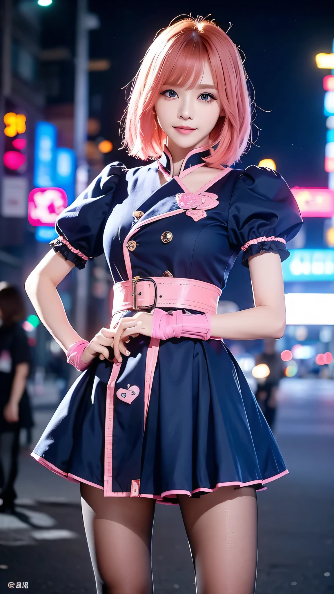  One girl , cowboy shot, Beautiful Nora_ Valkyrie ,  viewers, smile,  Shorthair,  blue eyes, heart cutout ,  gloves,   navy blue jacket,  pink skirt,  pink belt , Short sleeve,  Puffy Sleeves , Wrist Seal, fingerless  gloves,  has orange hair, pink  gloves,  dynamic pose,   knight ,  outdoors on the street at night, city, (  volumetric lighting),  top quality , masterpiece,  complicated details,  Tone Mapping ,  Sharp Focus,  super detailed ,  visual artist wearing a gorgeous dress ,