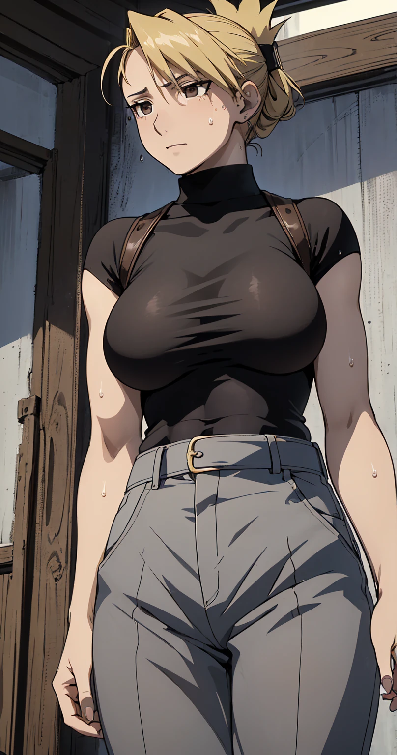 masterpiece,  top quality ,  high res,  One Girl , Hamriz,  ponytail,  brown eyes,big ,   black shirt  ,   Tight Shirt  , , Short sleeve, belt,  covered navel , blue pants ,indoor、 upper body close-up、 muscular body flowing through a bowl、、sweat、Composition from the front、Anime、((( person highlighting gray、 big boobs、Exposing both sides、sweat、Expectations)))