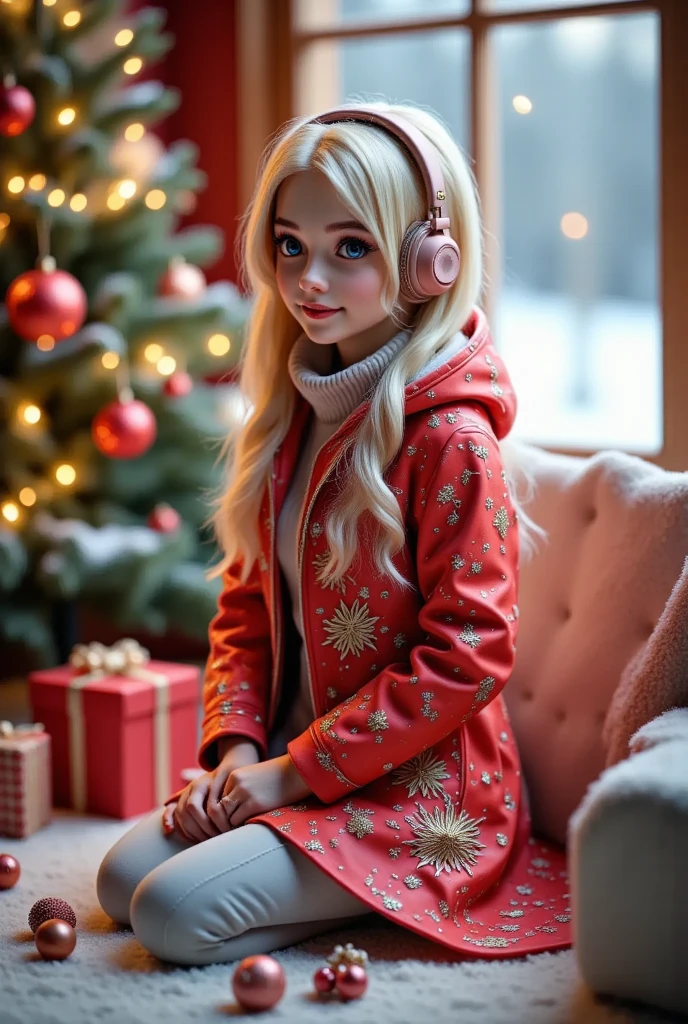  Beautiful Girl Dressed in a Red Raincoat with Christmas patterns on her head beautiful soft headphones, The house is decorated with bells ,  garlands sparkle on the Christmas tree ,  snow ,  Small gifts under the tree , 8 k,  masterpiece fails,  complicated details, bright colors,  maximum quality ,  better quality ,  maximum details,