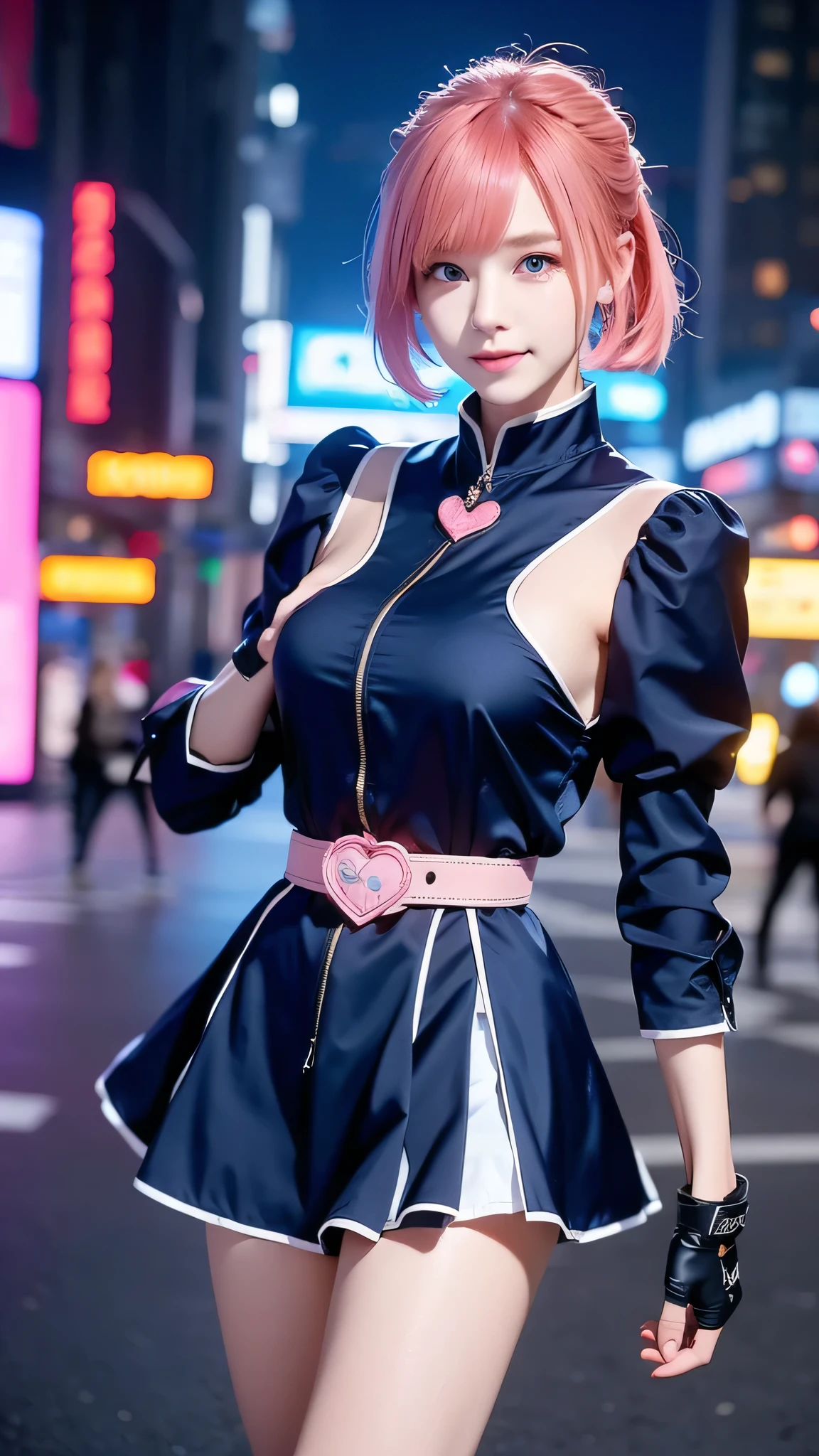  One girl , cowboy shot, Beautiful Nora_ Valkyrie ,  viewers, smile,  Shorthair,  blue eyes, heart cutout ,  gloves,   navy blue jacket,  pink skirt,  pink belt , Short sleeve,  Puffy Sleeves , Wrist Seal, fingerless  gloves,  has orange hair, pink  gloves,  dynamic pose,   knight ,  outdoors on the street at night, city, (  volumetric lighting),  top quality , masterpiece,  complicated details,  Tone Mapping ,  Sharp Focus,  super detailed ,  visual artist wearing a gorgeous dress ,