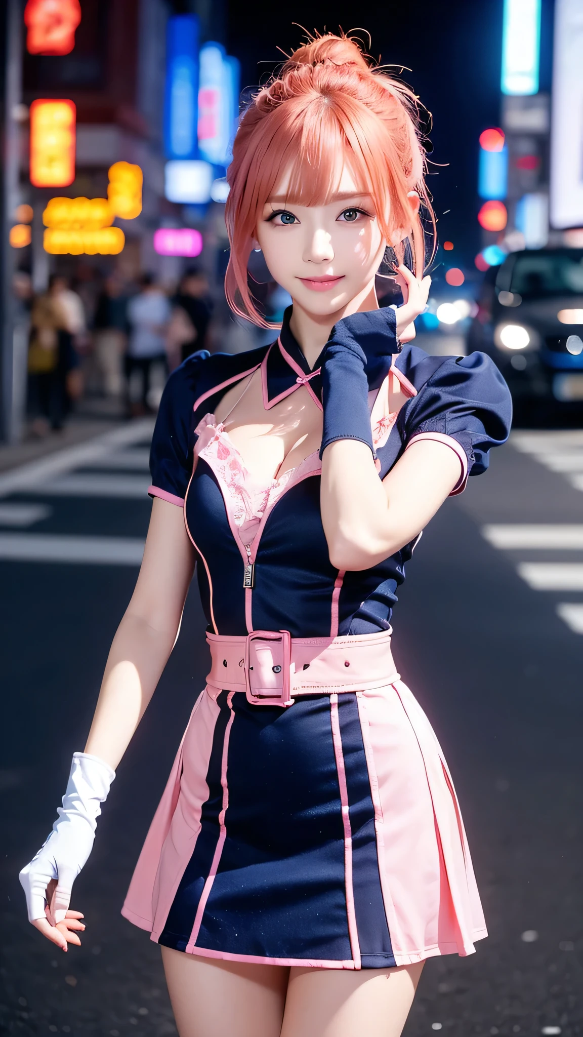  One girl , cowboy shot, Beautiful Nora_ Valkyrie ,  viewers, smile,  Shorthair,  blue eyes, heart cutout ,  gloves,   navy blue jacket,  pink skirt,  pink belt , Short sleeve,  Puffy Sleeves , Wrist Seal, fingerless  gloves,  has orange hair, pink  gloves,  dynamic pose,   knight ,  outdoors on the street at night, city, (  volumetric lighting),  top quality , masterpiece,  complicated details,  Tone Mapping ,  Sharp Focus,  super detailed ,  visual artist wearing a gorgeous dress ,