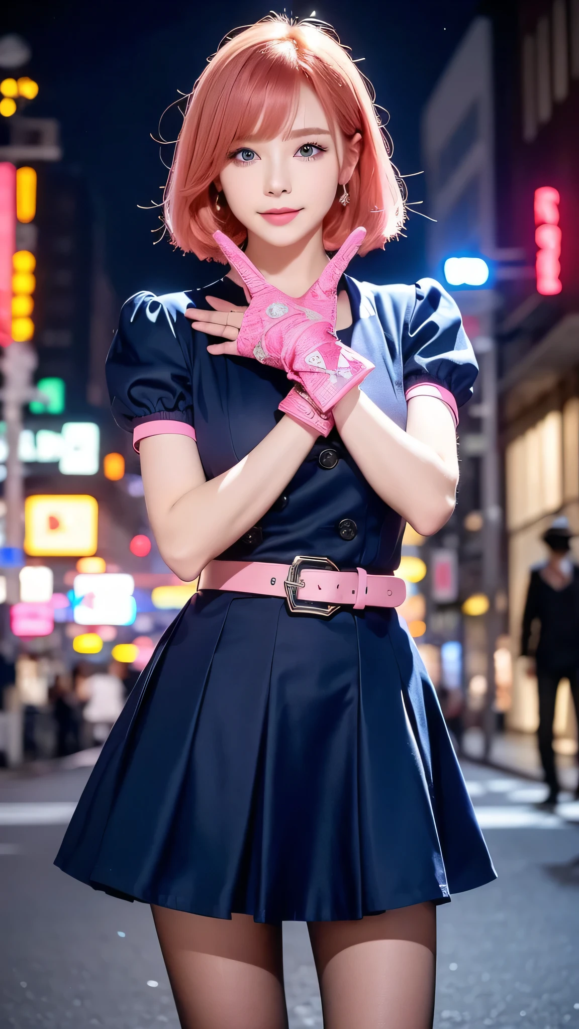  One girl , cowboy shot, Beautiful Nora_ Valkyrie ,  viewers, smile,  Shorthair,  blue eyes, heart cutout ,  gloves,   navy blue jacket,  pink skirt,  pink belt , Short sleeve,  Puffy Sleeves , Wrist Seal, fingerless  gloves,  has orange hair, pink  gloves,  dynamic pose,   knight ,  outdoors on the street at night, city, (  volumetric lighting),  top quality , masterpiece,  complicated details,  Tone Mapping ,  Sharp Focus,  super detailed ,  visual artist wearing a gorgeous dress ,