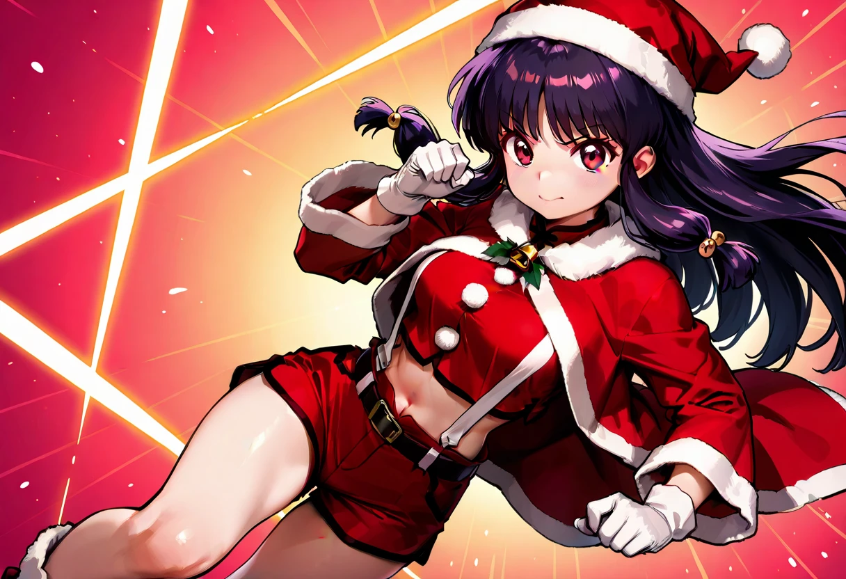 A highly detailed and high resolution image of Shampoo [From Ranma 1/2], A purple haired cute, pretty young girl with buns; cute, dressed in a Santa Clause outfit with a red coat, red cropped top, a black belt, red hot pants (shorts), white suspenders, white gloves, red Santa Hat; she is delivering food in a traditional Japanese metal takeout container; BREAK: quality\(8k,wallpaper of extremely detailed CG unit, high resolution, top-quality, top-quality real texture skin, hyper realistic, increase the resolution, RAW photos, best quality, highly detailed, the wallpaper, golden ratio, high saturation realism, vibrant colors, dramatic lighting, persuasive storytelling, atmospheric scenery, captivating visuals, intricate details, strong emotions, dreamlike world\),(dynamic angle:1.4)
