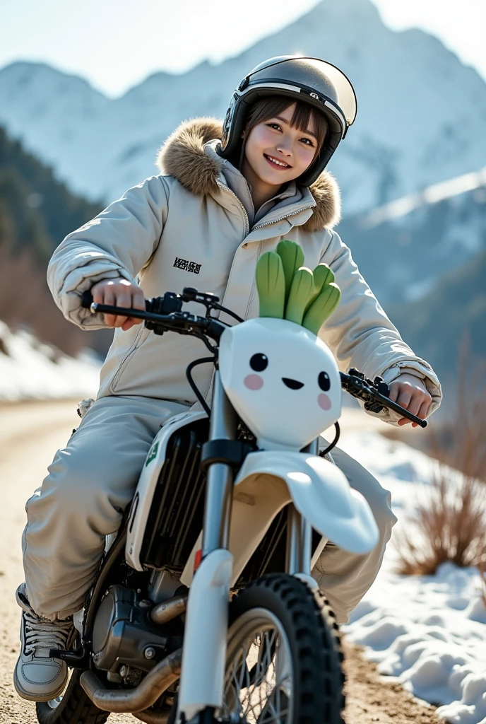 ultra-realistic, photorealistic, dramatic scene, shadow, global-illumination, solo, very beautiful Japanese woman, she is high school student but professional off-road motorcycle rider, She is riding a Kawasaki's off-road motorcycle, at the snow covered dirt road in the mountain, wearing a very cute white daikon radish character printed with fast-look patterned winter riding jacket with warm over pants, loose fitting wears, wearing a fast-look patterned SHOEI full-face off-road-helmet with a transparent visor, beautiful detailed her eyes, the white daikon that printed on the side of her motorcycle is 1 daikon\(large, very cute white daikon radish character, very cute smiled face, detailed surface texture, chubby, medium-long, full body\), professional lighting, warm winter sunshine, she looks so happy, She shows exceptional skill in high-speed riding