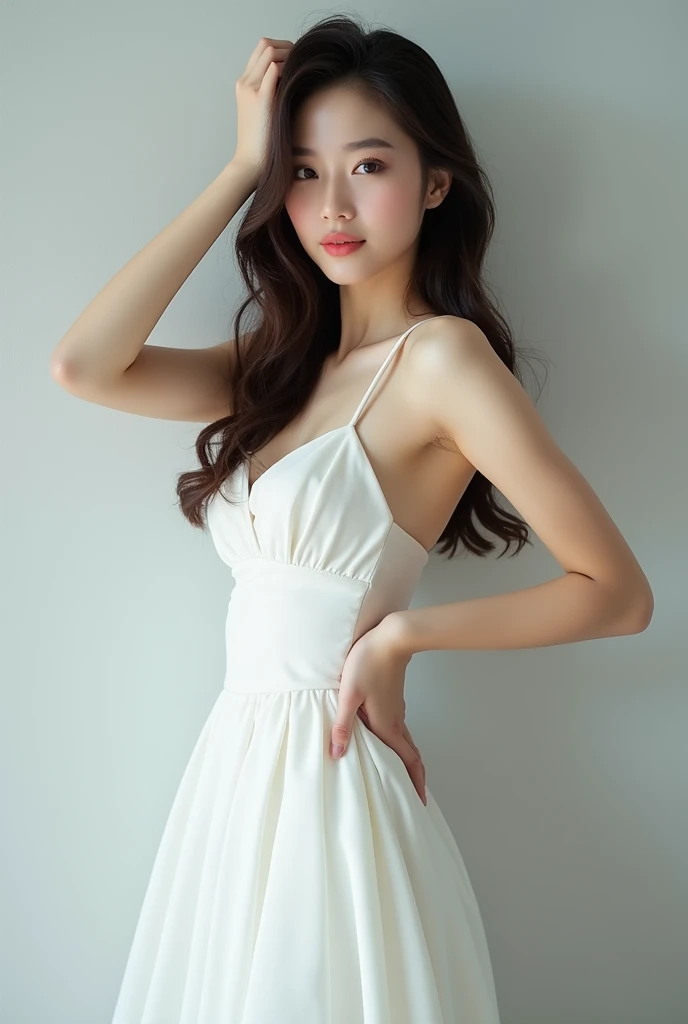 Japanese women、30age、Brown Hair、Long Hair、White camisole、F Cup、White T-front panties、Bun Hair、Simple earrings