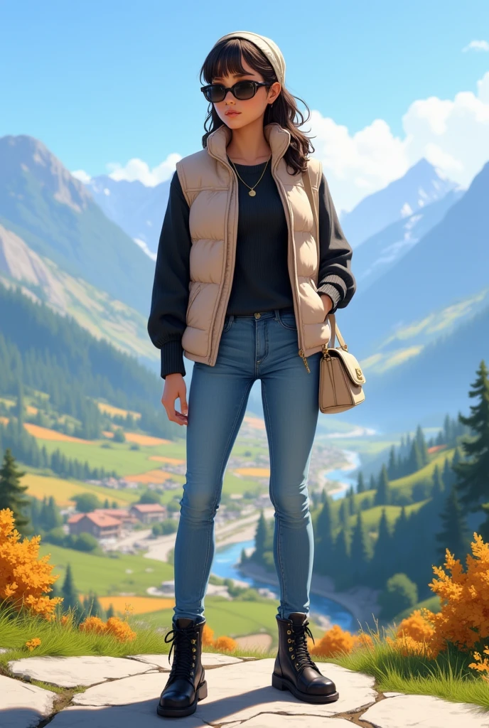 Young woman (ethnicity:1.2), (age:1.1),  (detailed clothing:1.2), (accessories:1.2), (facial features:1.3), (expression:1.2), (body type:1.1), (pose:1.2), wearing a light beige quilted vest, dark top, light wash blue jeans and black lace-up boots,  standing on a rocky outcrop, overlooking a valley with colorful fields and mountains  in the background, (detailed skin texture:1.2),  (stylish outfit:1.1),  (sunglasses:1.1), (head scarf:1.1),  (light beige purse:1.1)., shot from slightly below,  mid-day sunlight, sunny weather,  clear blue sky,  (detailed surroundings:1.2),  photorealistic style,  high-resolution image,  vivid colors, outdoors,(calm atmosphere:1.1), lush trees and fields in valley,  mountains in the background, photorealistic, 8k resolution