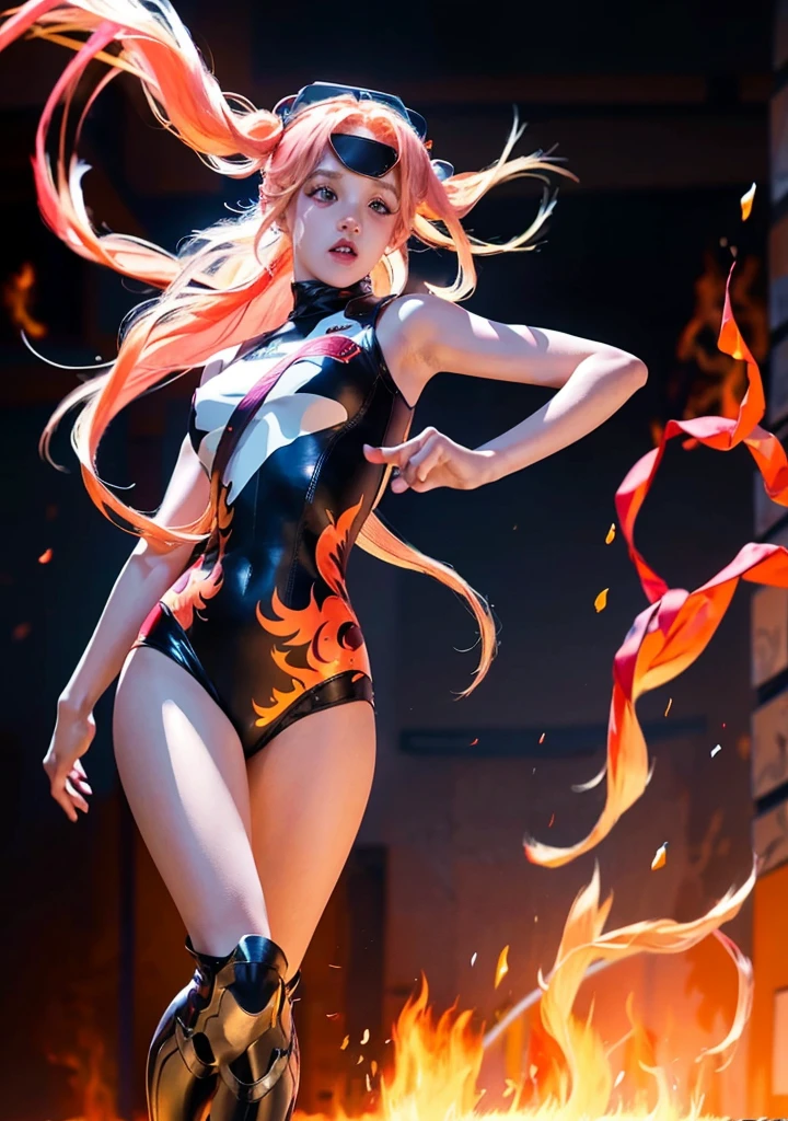 a girl,  High resolution,  Song Yuqi , long hair, Fire blond hair ,  super powerful heroine,  running .  animal ears ,  violet eyes costume,  The best quality . Song Yuqi , blushing stickers, short brown hair , Medium breasts , super hero , body suit, fire superpowers , flying , leaves a trail of flames and smoke , Frontal attack pose with flaming fists , approaching , body engulfed in fire , hands on fire , Front fist attack , realistic ruined city landscape , FRONTAL LOOK , face of anger and look of determination .