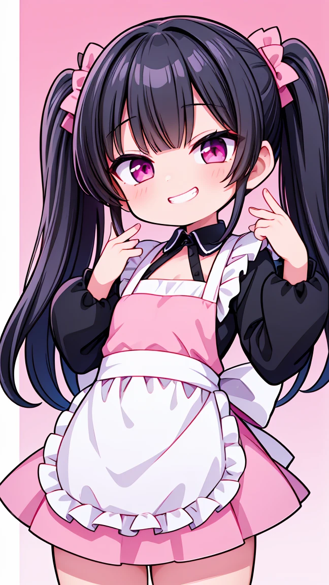 (8K, Highest image quality, highest quality, masterpiece), detailed face, (()), ((girl)), (little lolive), black hair, short twintails, pink eyes, ((very small bust)), (flat bust), (naked apron), cowboy shot, put your hand on your mouth, kitchen background, ((very blushing)), ((detailed hands and fingers)), viewer perspective from below, (blush) , (((don't wear anything))), (((show her ass))), (((show her breasts))), (((sex))).