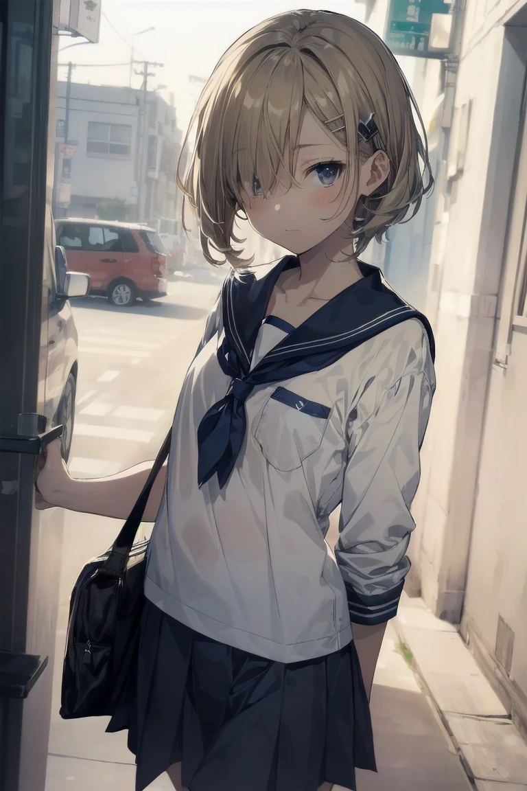 highest quality, anime moe art style,Best Anime 8K Kona-chan Wallpaper,Pixiv contest winners,perfect , (Please draw a girl walking sleepily to school.. ),break, 1 girl, (alone,,,:1.3),high school student, short hair, amount, (hair above one eye:1.7),All limbs, full finger,, between legs, small eyes,Precise black eyes, hair clip, (sailor suit:1.5),(school uniform:1.5) skirt,On the way to school. break,Super detailed,High resolution,super dense skin, professional lighting,8K eye details, (cute illustration:1.2),blonde,blonde hair,No expression,(hair over one eye:1.5),sailor uniform