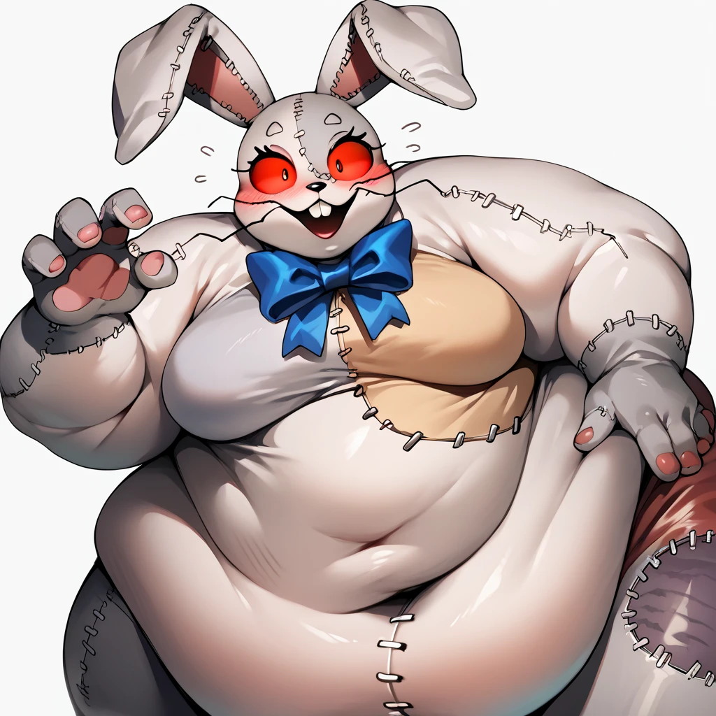 score_9,score_8_up,score_7_up,score_6_up,source_anime,rating_questionable, vanny_fnaf, rabbit costume, rabbit ears, red eyes, blue bow, furry, stitches, zPDXL2, obese shocked, blush 