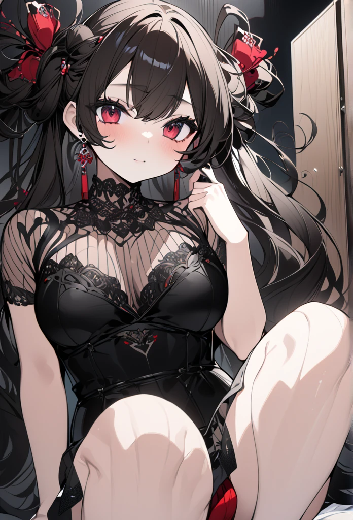 A girl,Sitting on the bed,There are a lot of stuffed animals,twintails,Long hair,Black Hair,((transparent)),Towering breasts,Lolita skirt,Sexy Lingerie,Flowing fabric,Slim waist,Showing belly,Smooth legs,blush,