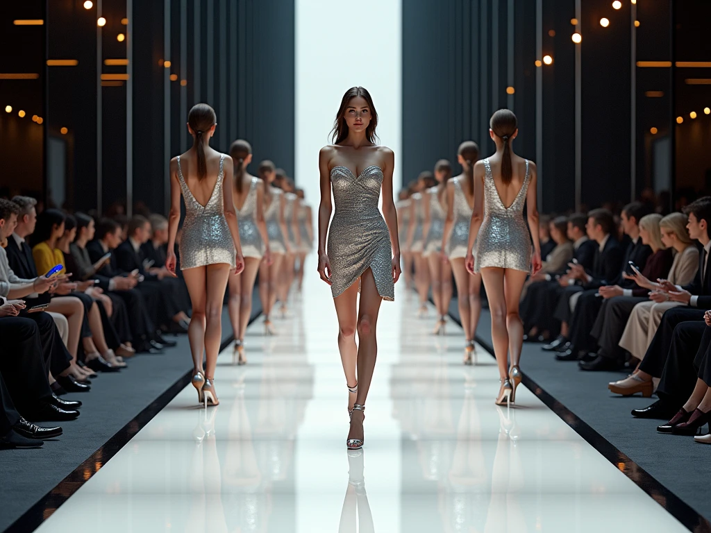 RAW photo,  a fashion model, walk on runway, cyberpunk fashion, (photo-realistic:1.5), (RAW photo, 8k uhd, film grain), extremely delicate and beautiful, highres, sharp focus, extremely detailed, masterpiece, cinematic lighting, (high detailed skin:1.2), dslr, soft lighting, high quality, film grain, Fujifilm XT3