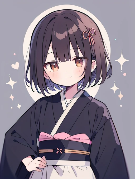  One girl , Alone, Japanese clothing,  short hair, arms, sword,  brown eyes,  viewers, kimono, Brown Hair, lips,  Hands on Hips , sheath, smile, katana,  black hair,  upper body,   closed mouth, sheathed,  raise your hand  