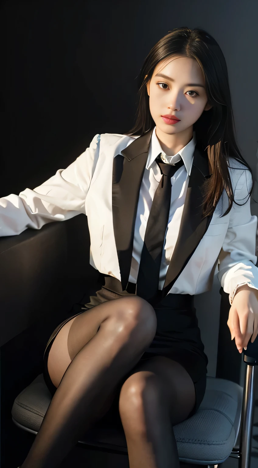 tra-detailed、Japanese、attractive beauty、seductive adult woman、pretty woman、piercing eyes、cool girl、wavy hair、swept bangs、suit、Jacket、blouse、ribbon、Tight Skirt、pantyhose、beautiful feet、Evil cadres、evil depravity、brainwash、mind control、lipstick、lip gloss、dark makeup、smirk、Evil expression、evil、hollow eyes,half-closed eyes、empty eyes、evil、night room、dark room、vampire、succubus、vampire、Swear allegiance、stand、