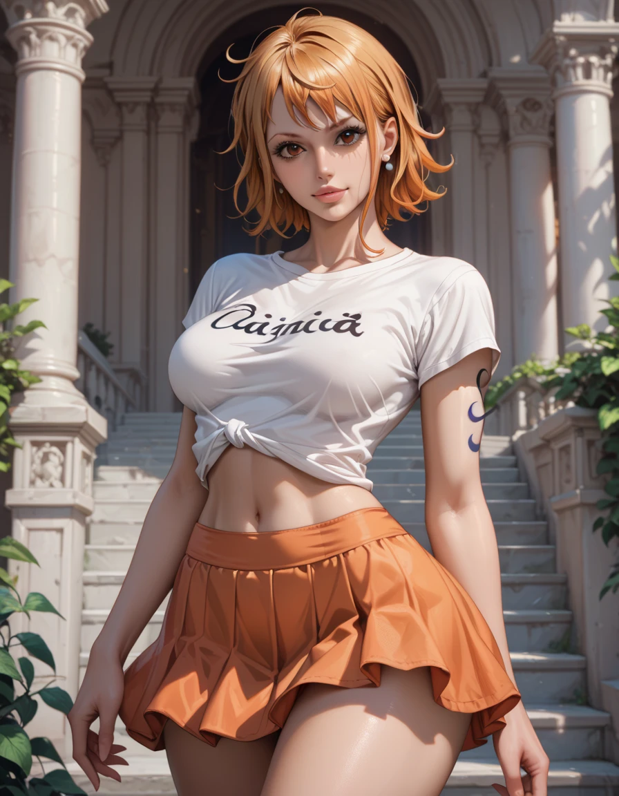(1girl, solo, masterpiece, 4k,  best quality:1.2, (cowboy shot), best quality:1.2, NICE HANDS, COLORFUL, (perfect hands, perfect anatomy)),
defwhitney, hair ornament, white shirt, buttons, short sleeves, blue shorts, wristband, striped socks, pink eyes,
((medium breasts, big hips, looking at the viewer, cleavage, tight clothes)), 
((simple background, white background)),  <lora:GoodHands-vanilla:1>