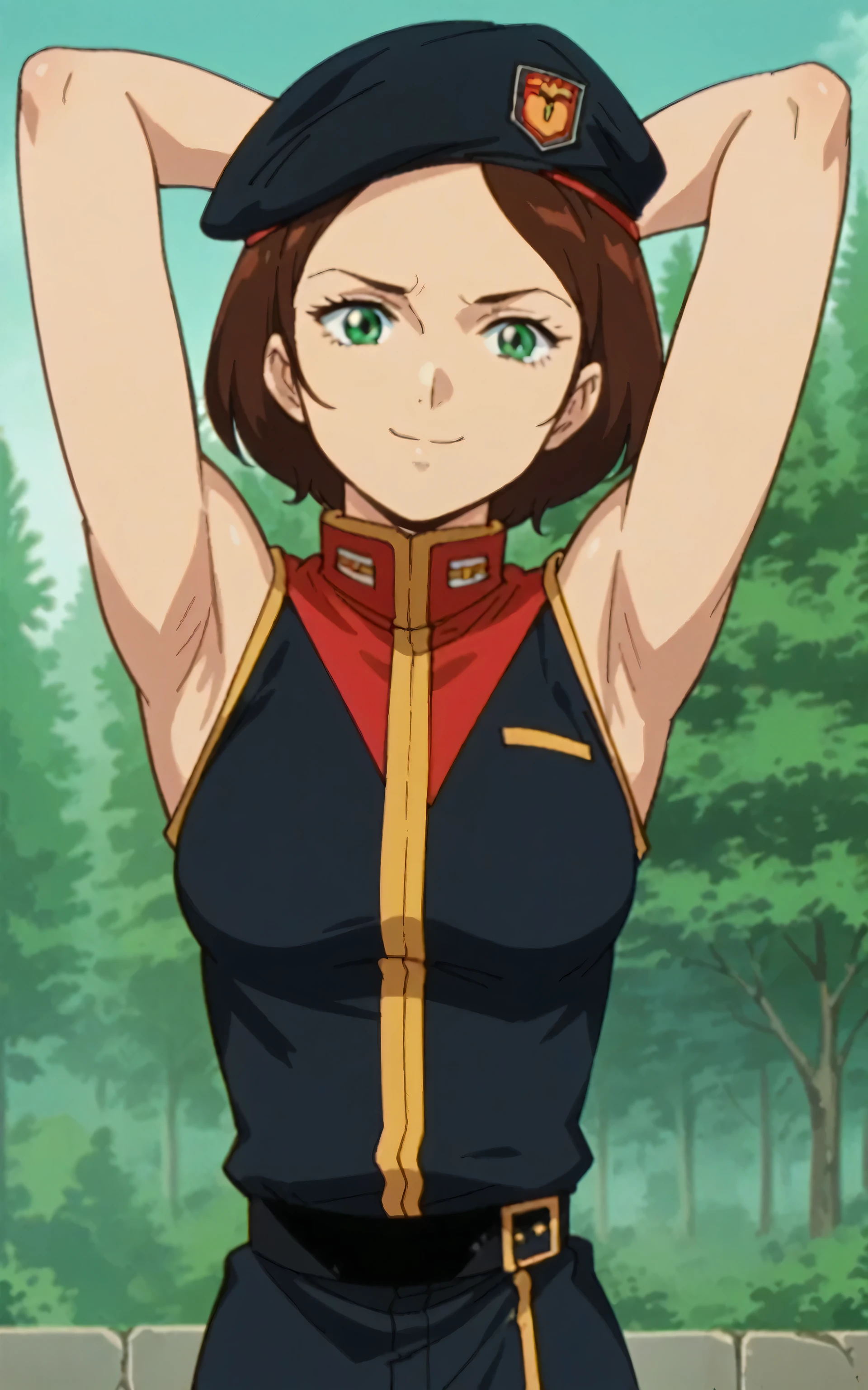 score_9, score_8_up, score_7_up, source_anime, anime screencap, 1girl, solo, EmmaSheen, brown hair, short hair, green eyes, medium breasts, black beret, black uniform, black belt, sleeveless, bare shoulders, bare arms, arms behind head, armpits, looking at viewer, head towards viewer, smile, badhandv4, outdoors, closed mouth, anime coloring 