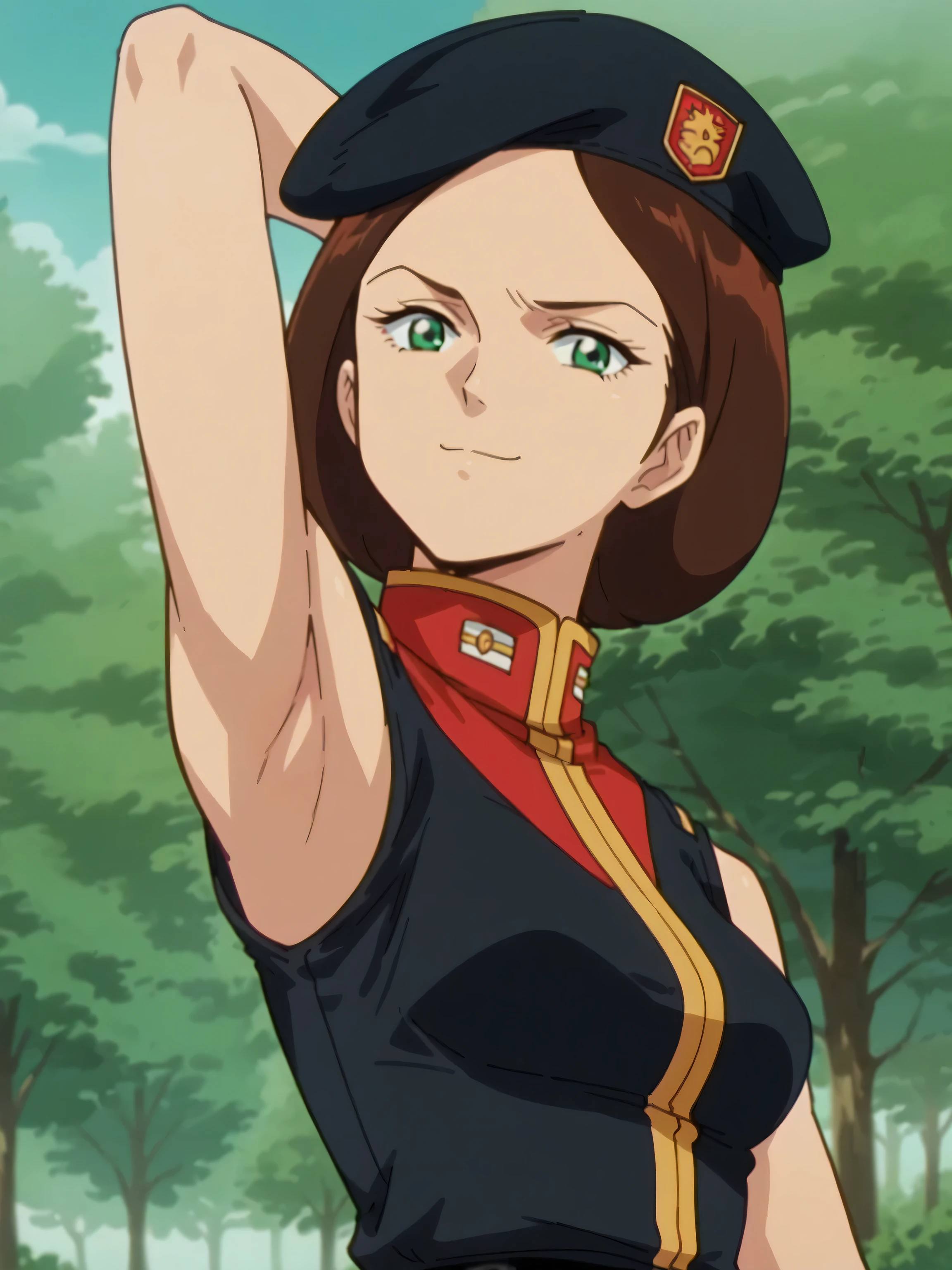 score_9, score_8_up, score_7_up, source_anime, anime screencap, 1girl, solo, EmmaSheen, brown hair, short hair, green eyes, medium breasts, black beret, black uniform, black belt, sleeveless, bare shoulders, bare arms, arm behind head, armpit, looking at viewer, head towards viewer, smile, badhandv4, outdoors, closed mouth, anime coloring, from side, from below 