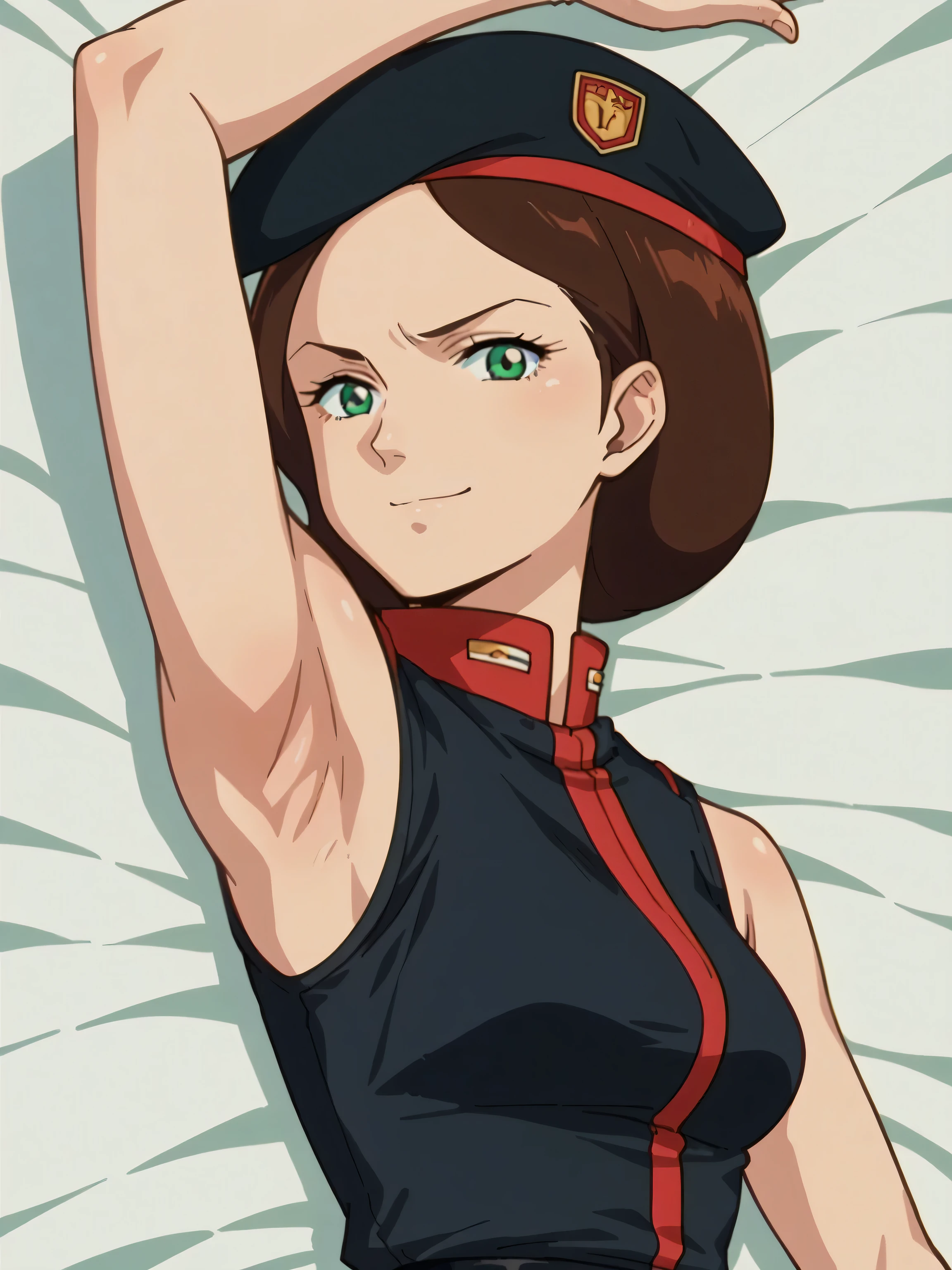 score_9, score_8_up, score_7_up, source_anime, anime screencap, 1girl, solo, EmmaSheen, brown hair, short hair, green eyes, medium breasts, black beret, black uniform, black belt, sleeveless, bare shoulders, bare arms, arms behind head, armpits, looking at viewer, head towards viewer, smile, badhandv4, outdoors, closed mouth, anime coloring 