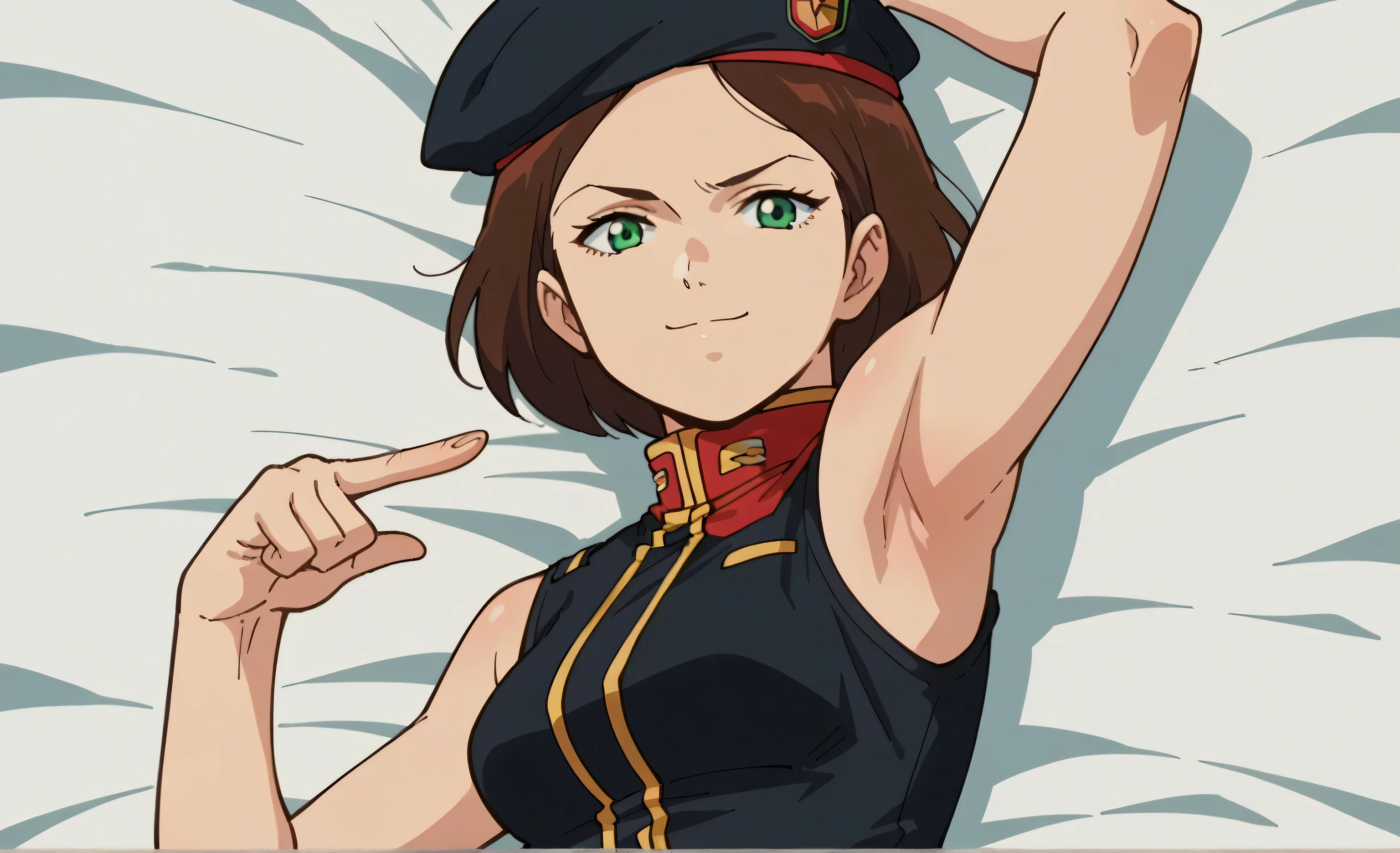 score_9, score_8_up, score_7_up, source_anime, anime screencap, 1girl, solo, EmmaSheen, brown hair, short hair, green eyes, medium breasts, black beret, black uniform, black belt, sleeveless, bare shoulders, bare arms, arms behind head, armpits, looking at viewer, head towards viewer, smile, badhandv4, outdoors, closed mouth, anime coloring 