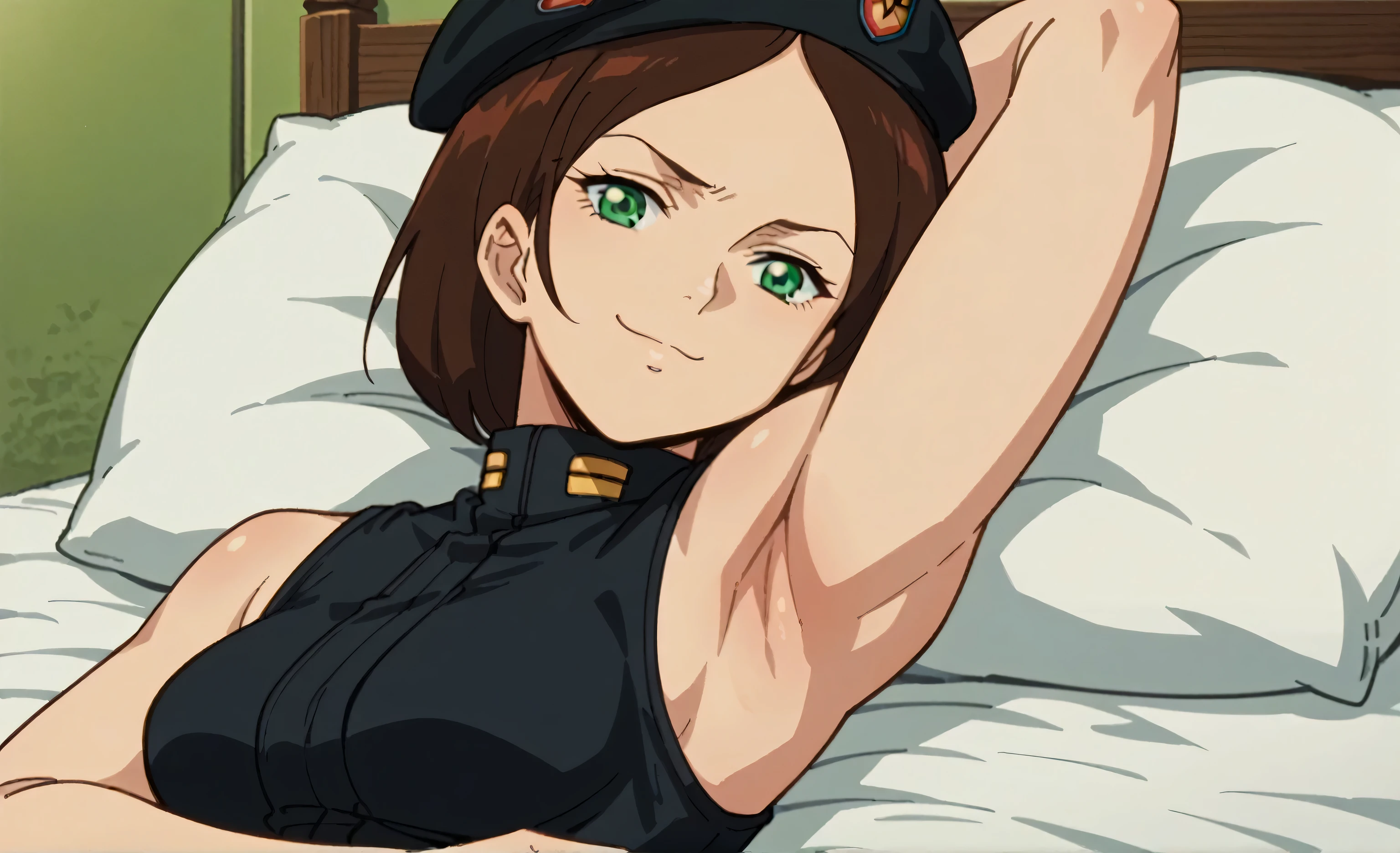 score_9, score_8_up, score_7_up, source_anime, anime screencap, 1girl, solo, EmmaSheen, brown hair, short hair, green eyes, medium breasts, black beret, black uniform, black belt, sleeveless, bare shoulders, bare arms, arms behind head, armpits, looking at viewer, head towards viewer, smile, badhandv4, outdoors, closed mouth, anime coloring 