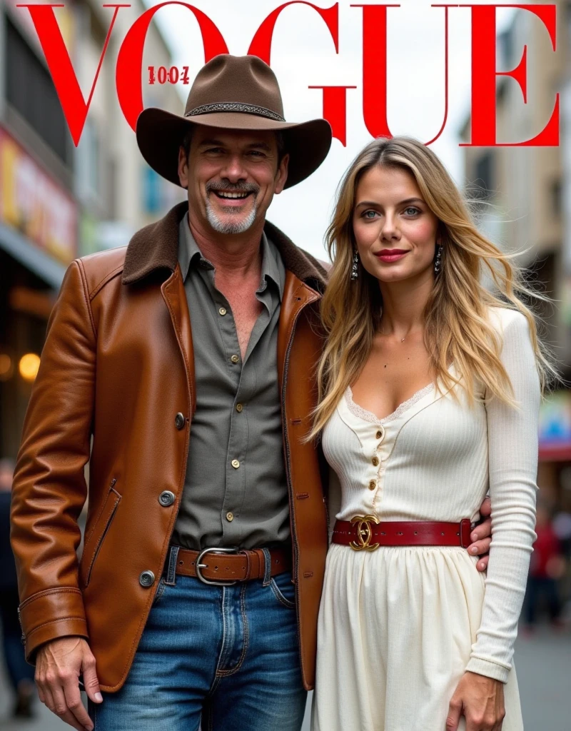 Magazine front cover " Vogue " written in middle Red decoration letters at the upon the screen,   1man and 1 woman, both standing Front pose,   Front view, cowboy shot, (1 man is Quentin Jerome Tarantino,  61-age. cowboy hat, smile,  Western style, brown lather Jacket and vest,  blue denim pant, leather belt), (1 woman is Melanie Laurent, long hair, blonde hair, smile, Chanel design earing, White 1 peace Chanel design classic dress and Chanel leather red belt with gold buckle)., background street  of Osaka , in Japan,  (super detail, high details, high quality, accurate, anatomically correct, textured skin, beautiful fingers super detail, high details, high quality, best quality)