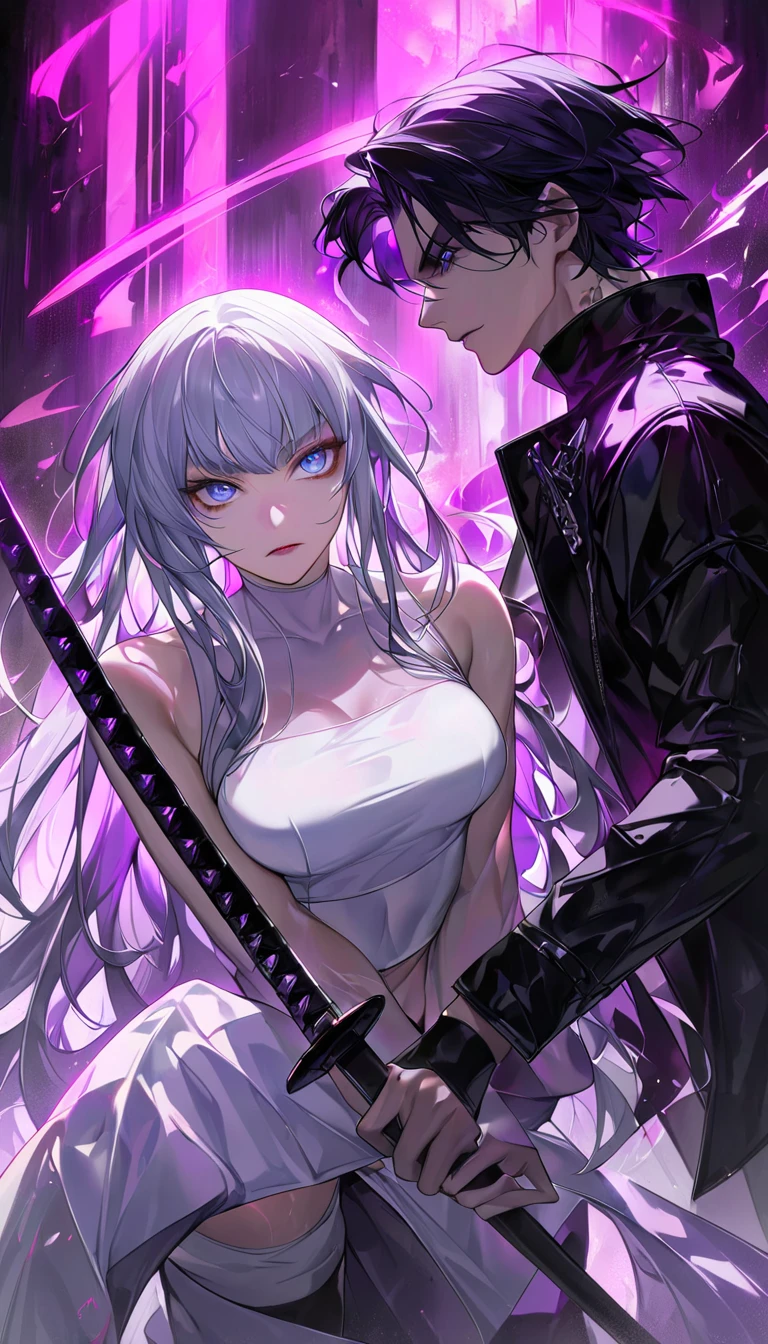 (ultra anime), (shape), (High resolution), (8k), (very detailed), (Best shape), (detailed beautiful eyes), (highest quality), (Super detailed), (masterpiece), (wallpaper), (detailed face), (With two people), (dynamic pose), one man and one girl, On the purple roses spread out on the ground、white wavy hair, Japanese, iris colored eyes, (((very thin, small short nightdress)), big breasts, long legs, best leg comfort, tall nonhuman man、Spooky look、Jet black costume、jet black monster(two people facing each other and looking at each other), beautiful anime