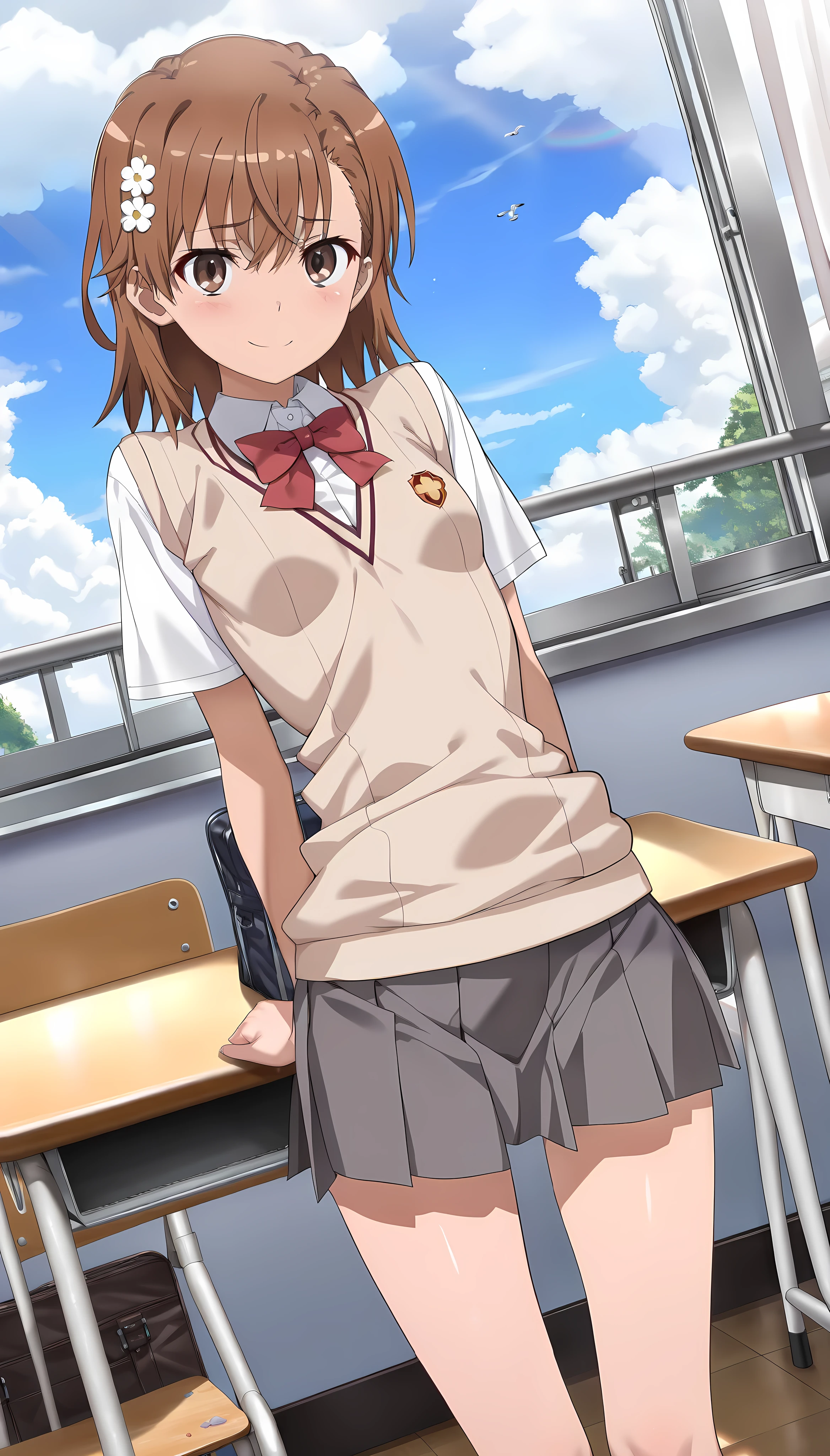 (((pixel perfect, detail perfect))), alone, 1 girl, Misaka Mikoto, tokiwadai , bow, looking at the viewer, closed mouth, whole body。White panties、Pull up your skirt、エレベーターの中